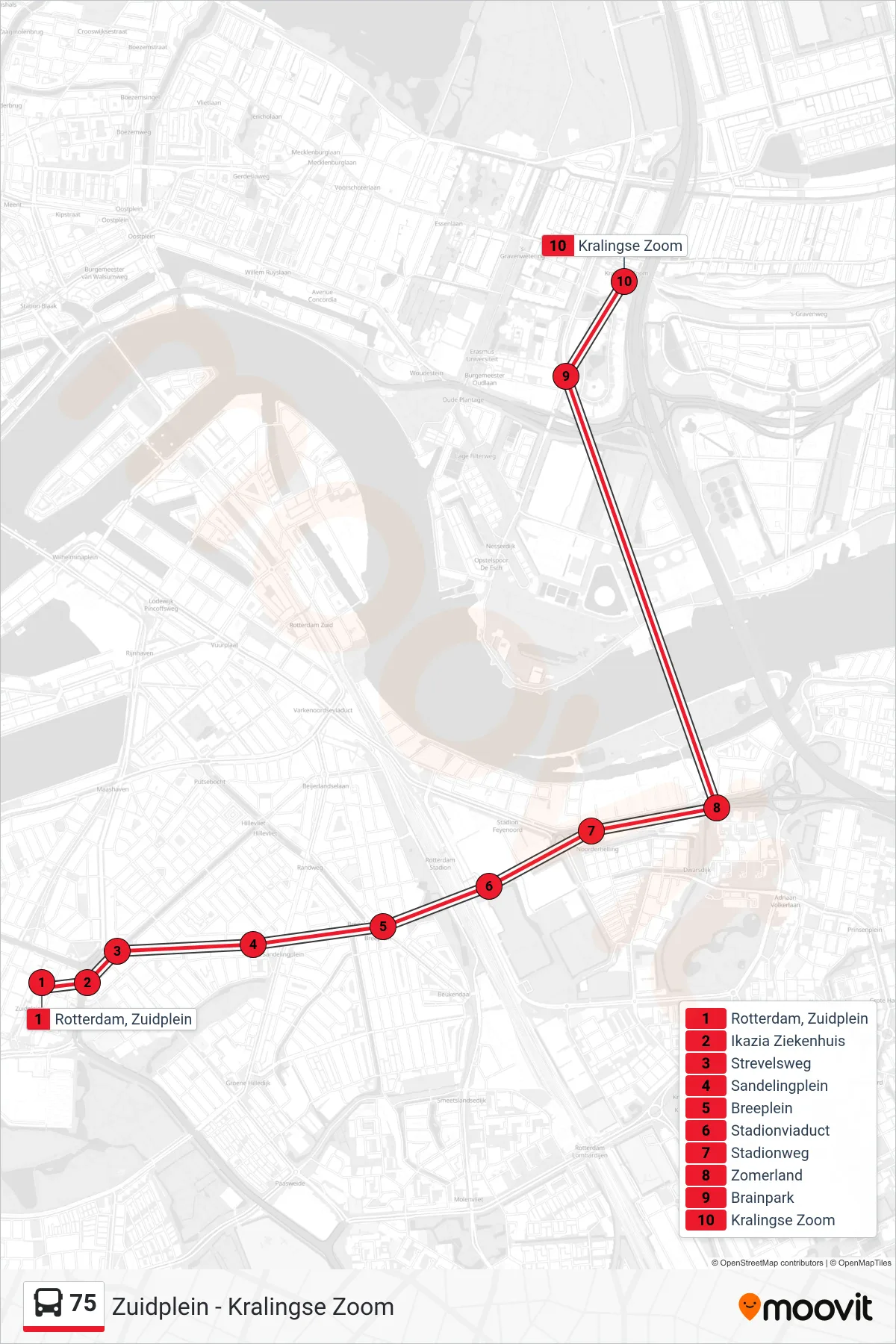 Lijn 75 (bus, Kralingse Zoom): route en haltes op de kaart