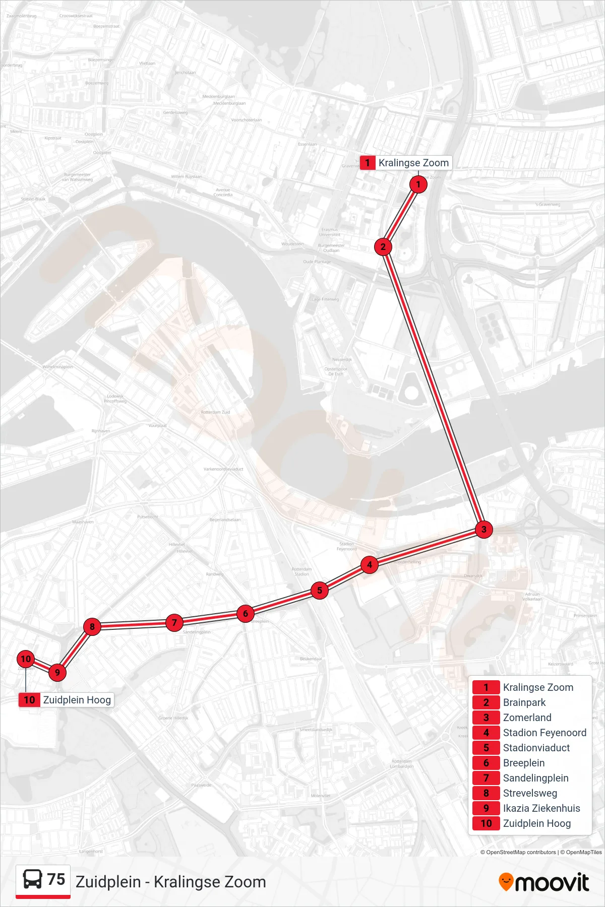 Lijn 75 (bus, Zuidplein): route en haltes op de kaart