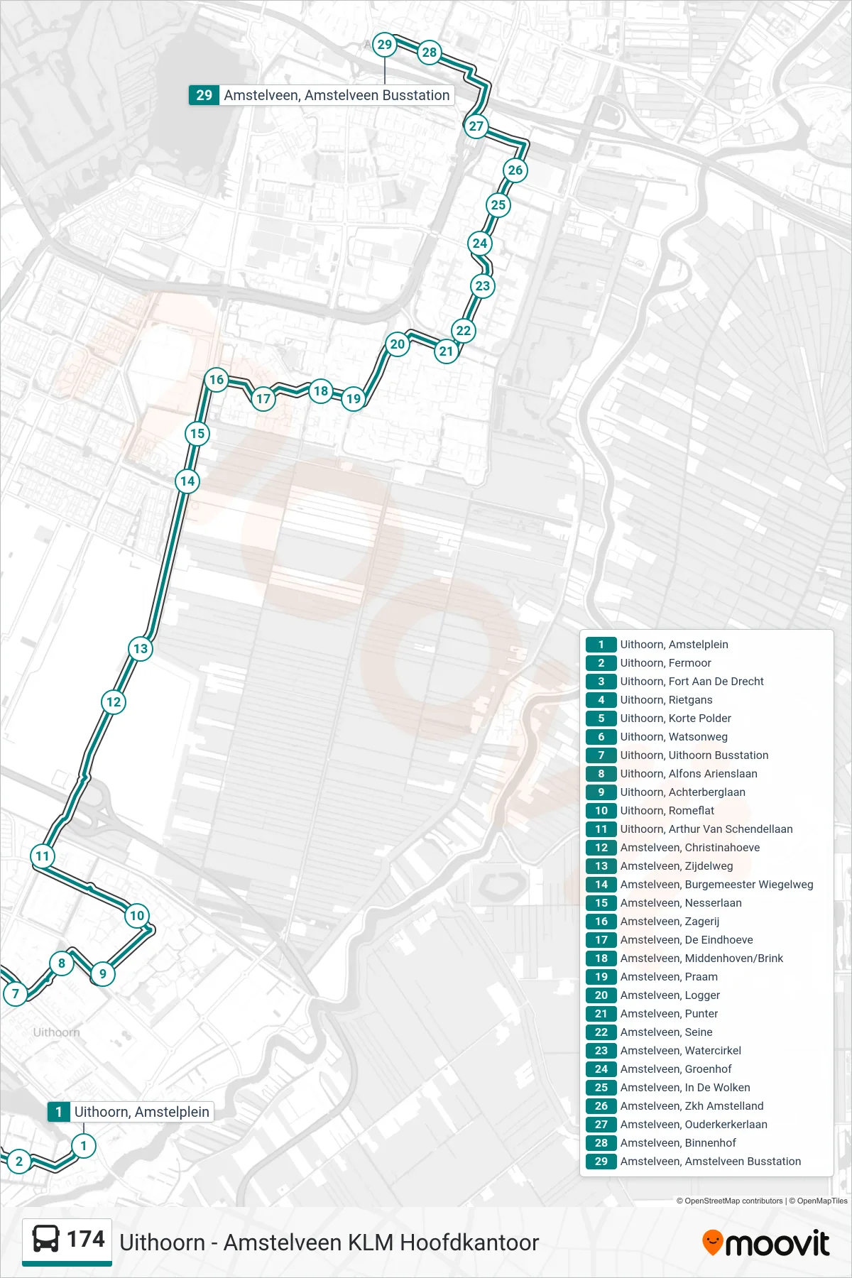 Lijn 174 (bus, Amstelveen Busst.): route en haltes op de kaart