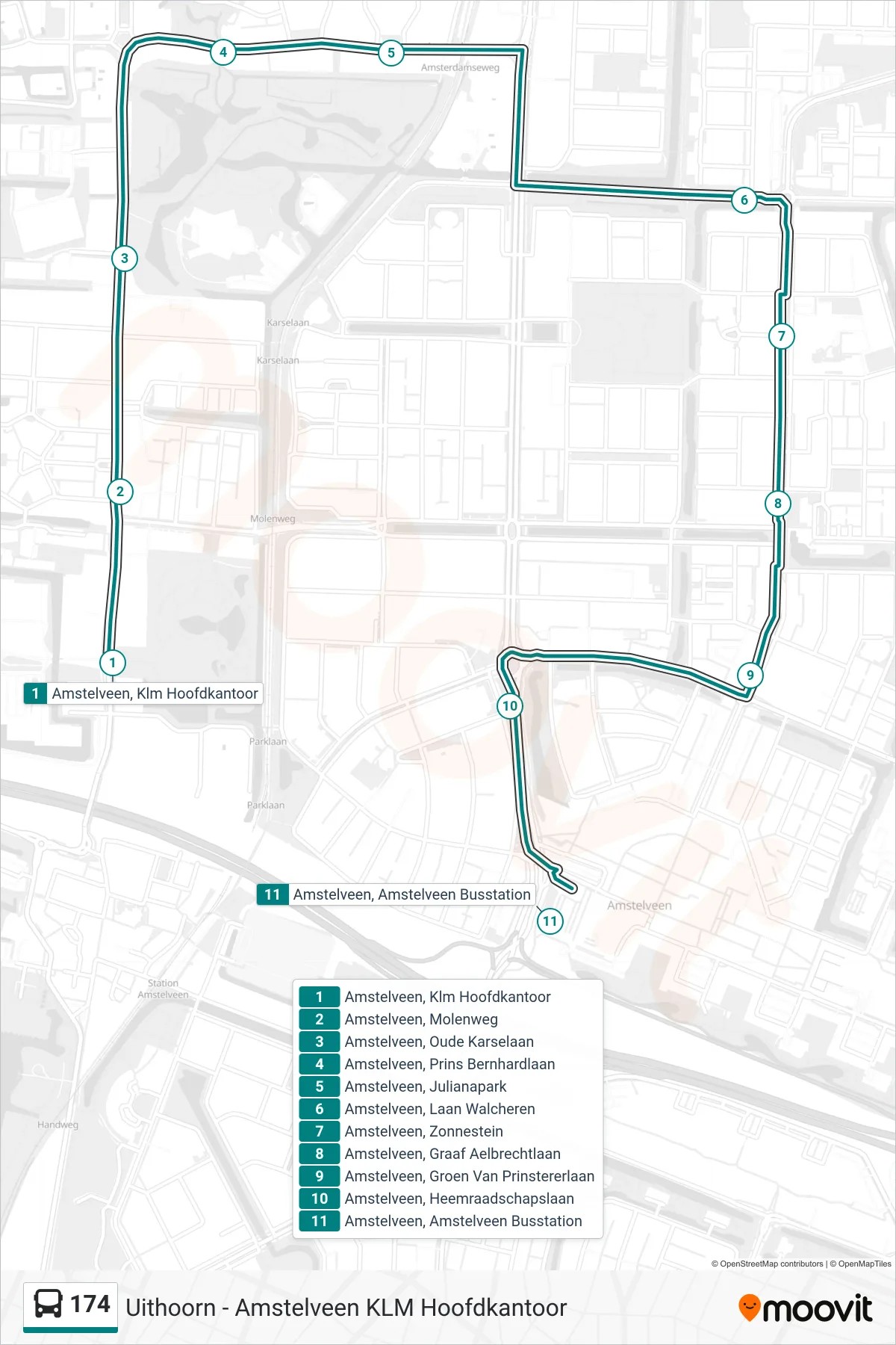 174 bus Line (Amstelveen Busst.) route and stops on a map