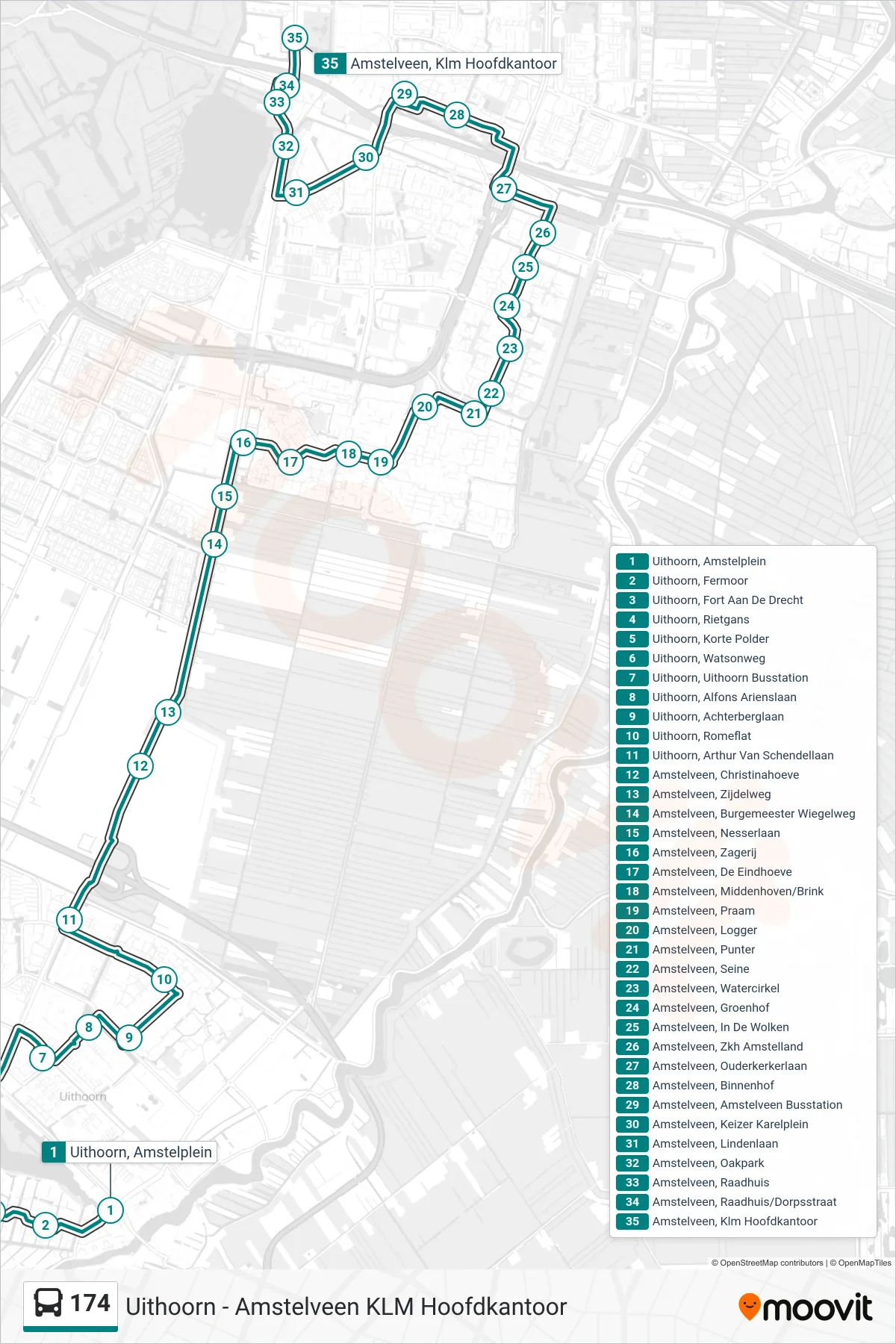 Lijn 174 (bus, Klm Hoofdkant. Amstelveen): route en haltes op de kaart
