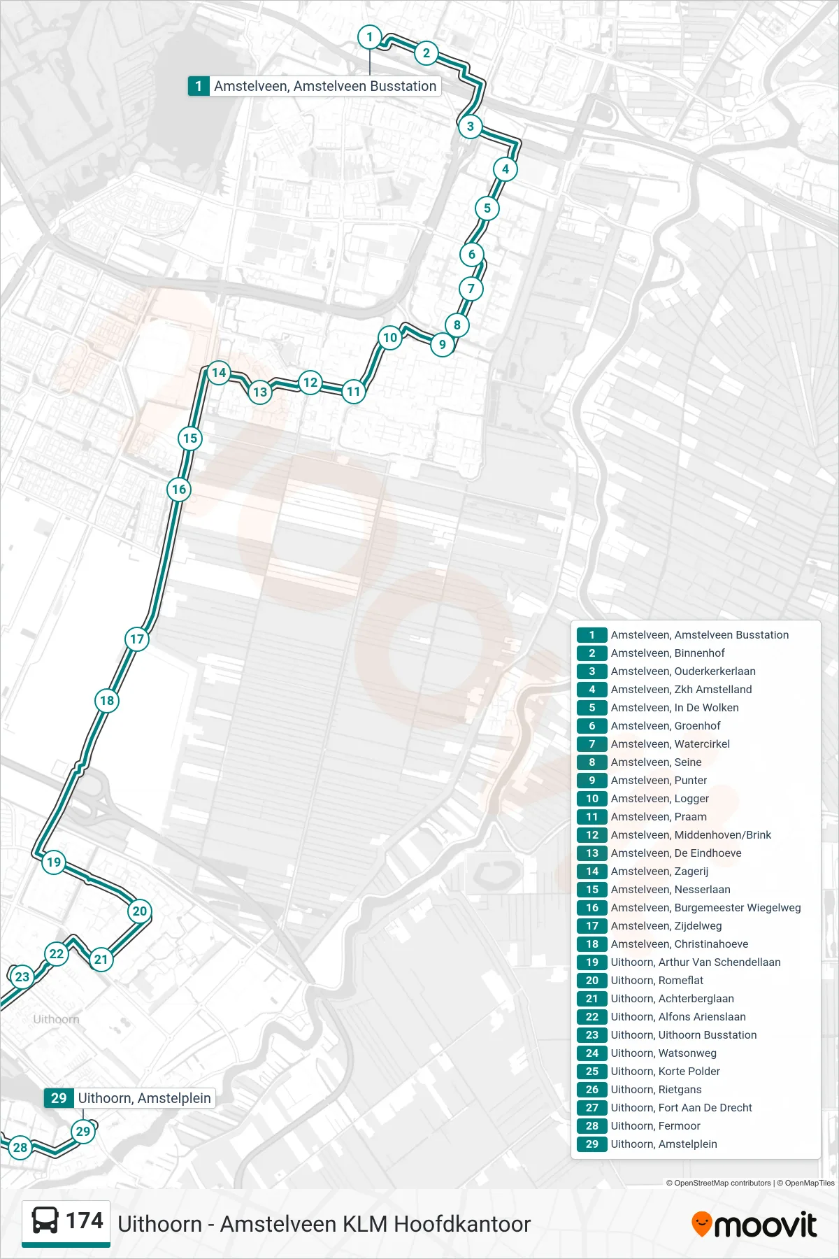 Lijn 174 (bus, Uithoorn Amstelplein): route en haltes op de kaart