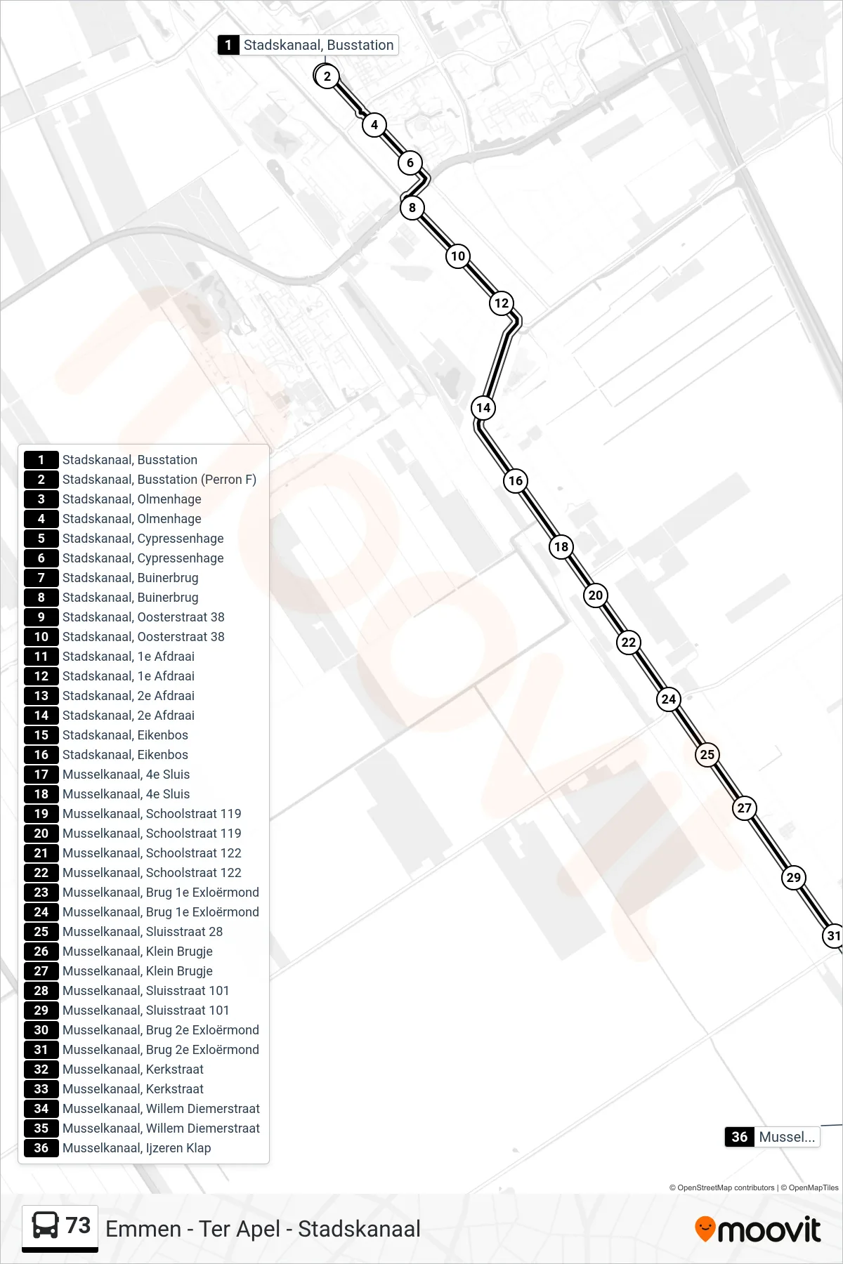 73 bus Line (Musselkanaal) route and stops on a map