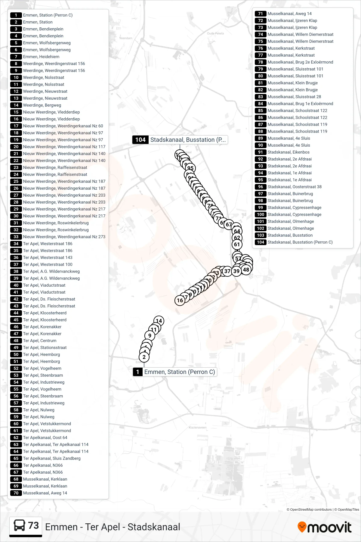 73 bus Line (Stadskanaal) route and stops on a map