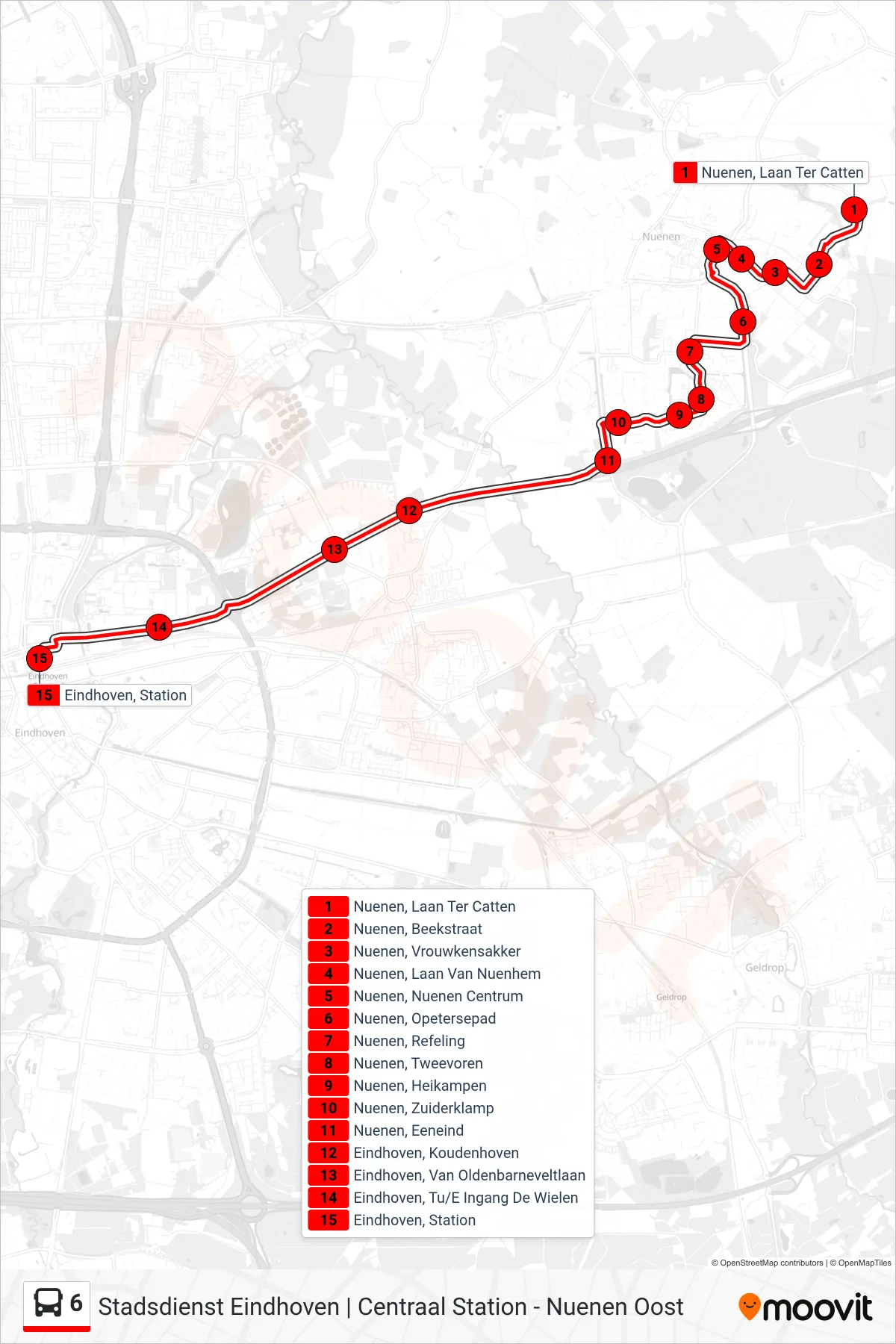 6 bus Line (Eindhoven Station) route and stops on a map