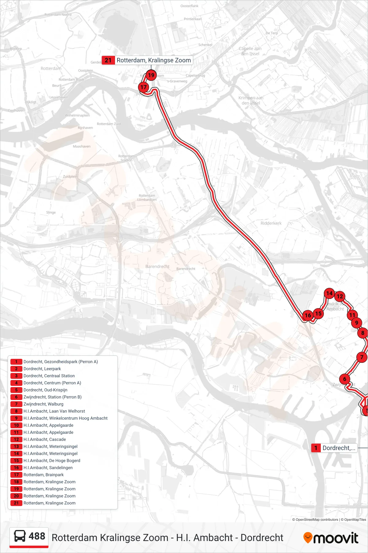 Lijn 488 (bus, Rotterdam): route en haltes op de kaart