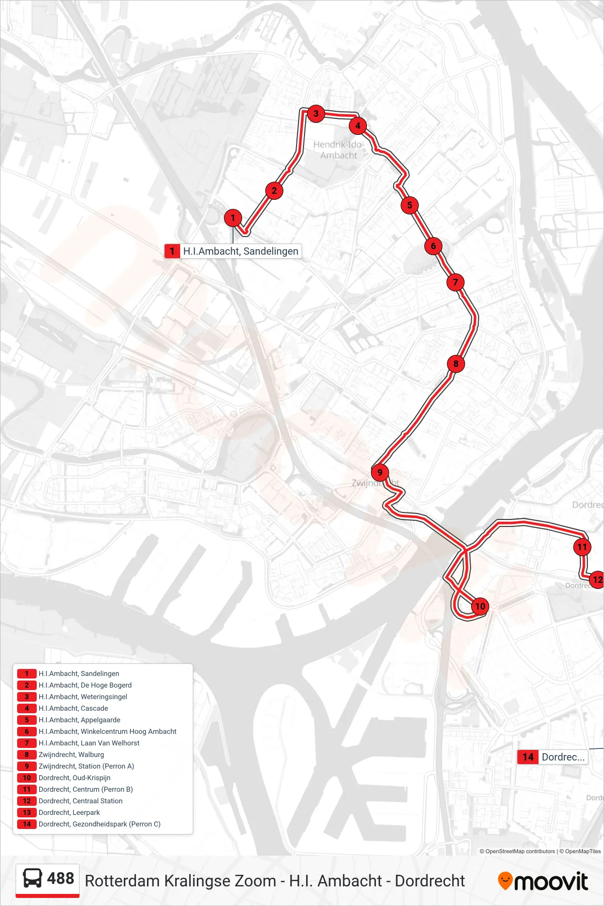 Linie 488 (Bus) Richtung Dordrecht Ziekenhuis: Route und Haltestellen auf der Karte