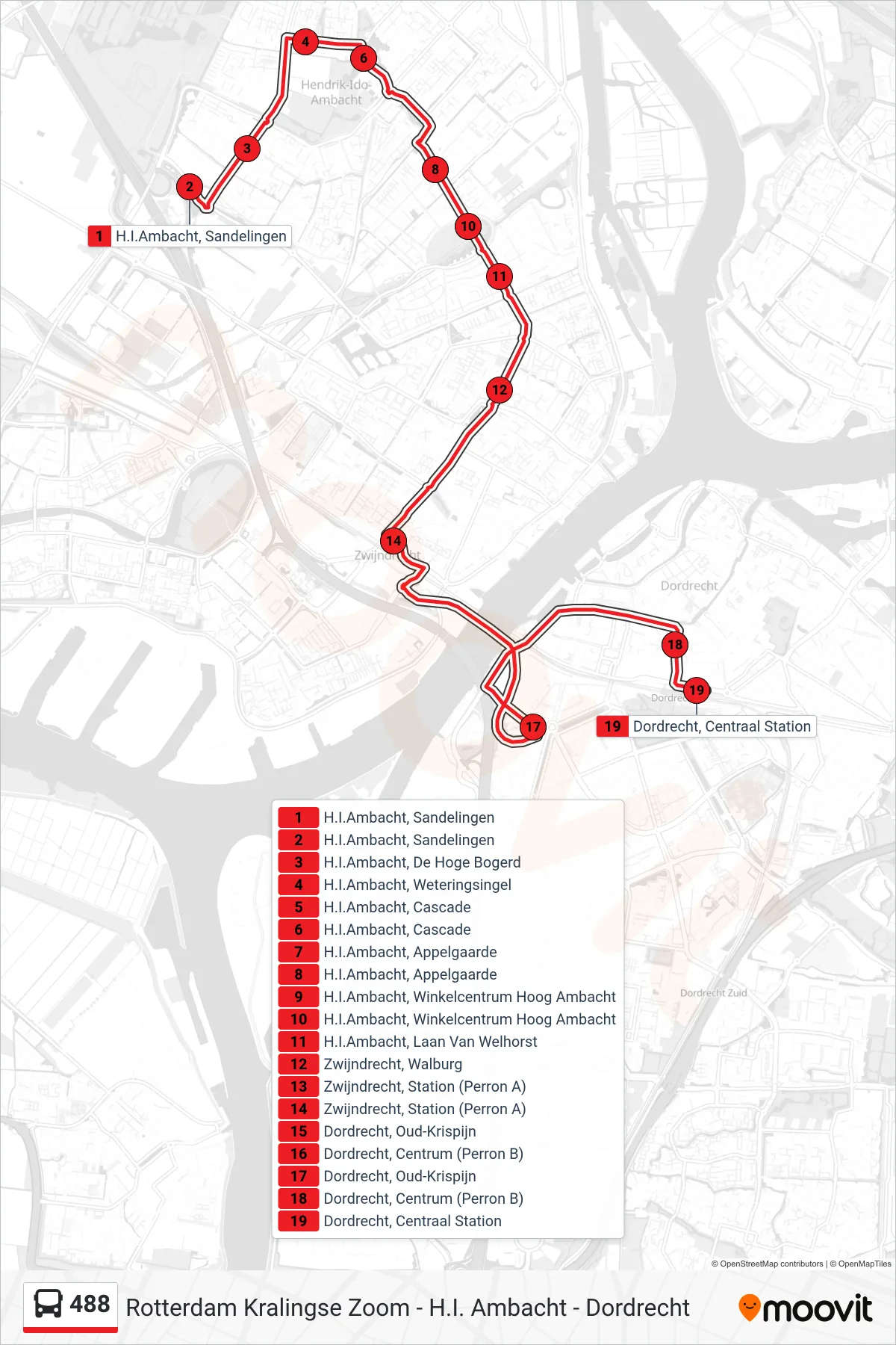 Lijn 488 (bus, Dordrecht Cs): route en haltes op de kaart