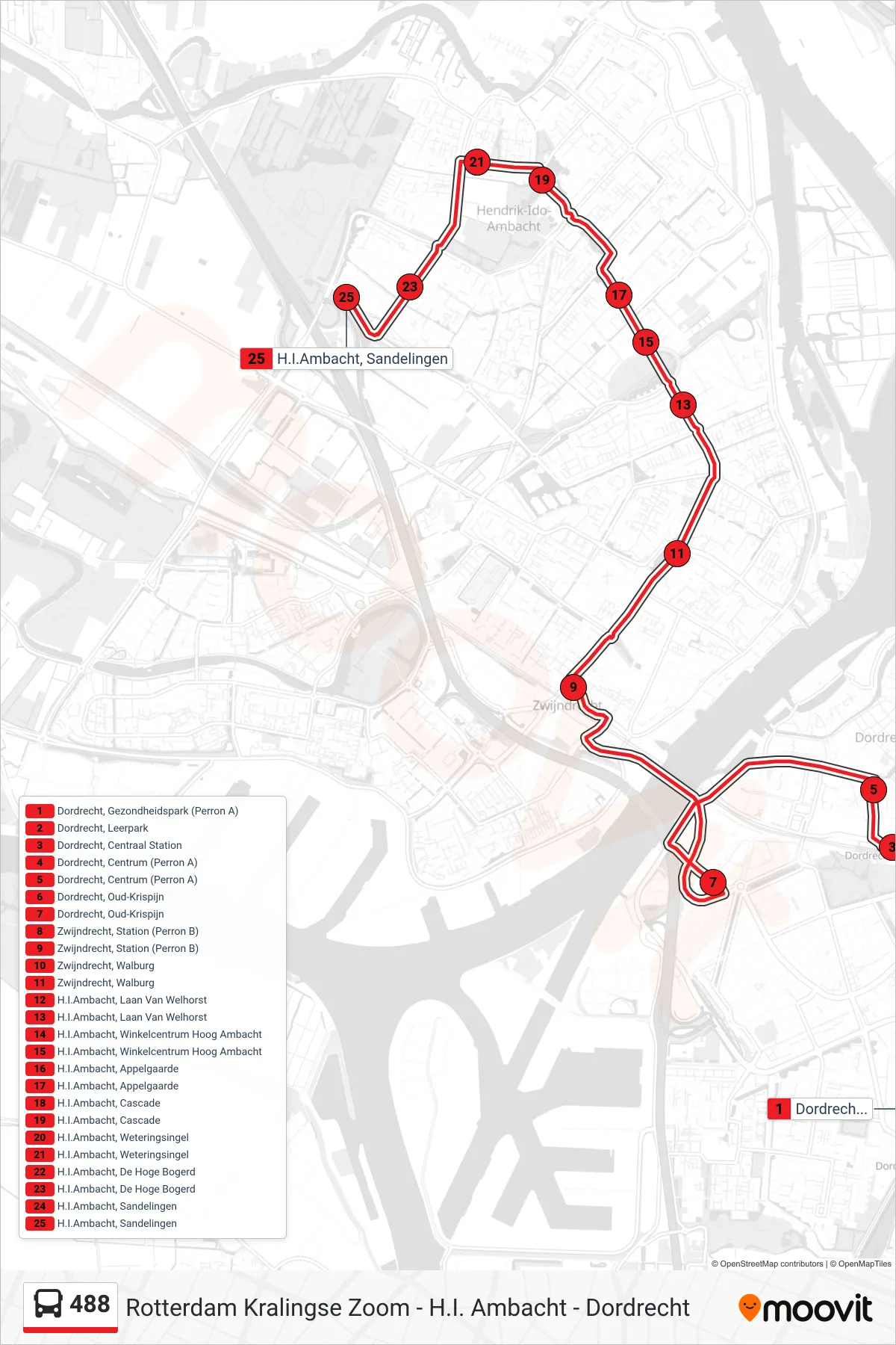 Lijn 488 (bus, Hendrik-Ido-Ambacht): route en haltes op de kaart