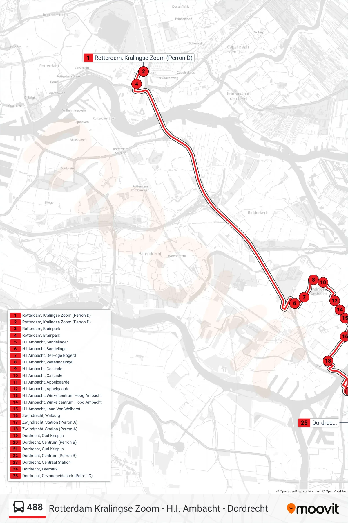 Lijn 488 (bus, Dordrecht Via): route en haltes op de kaart