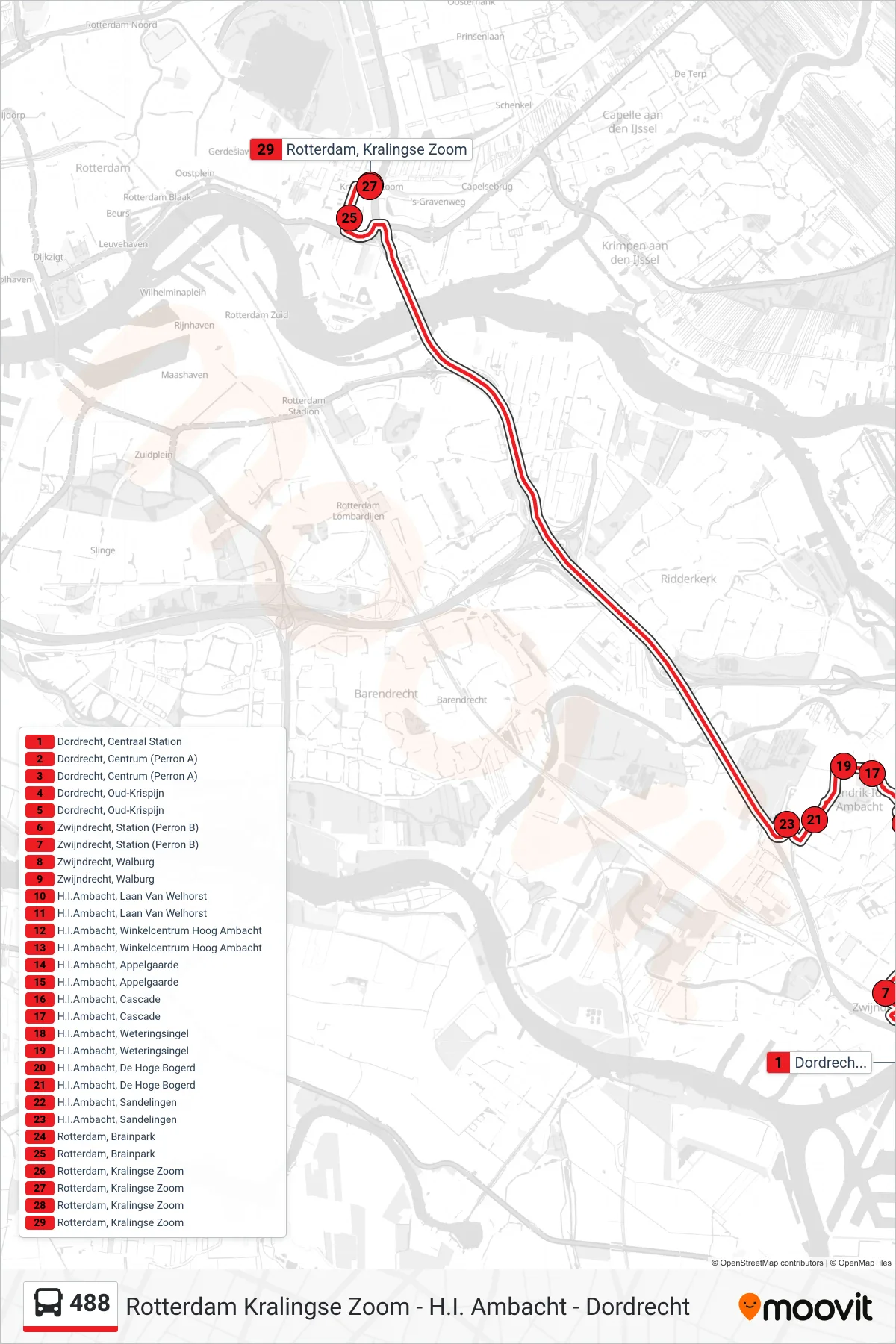 Lijn 488 (bus, R'Dam Kral. Zoom): route en haltes op de kaart