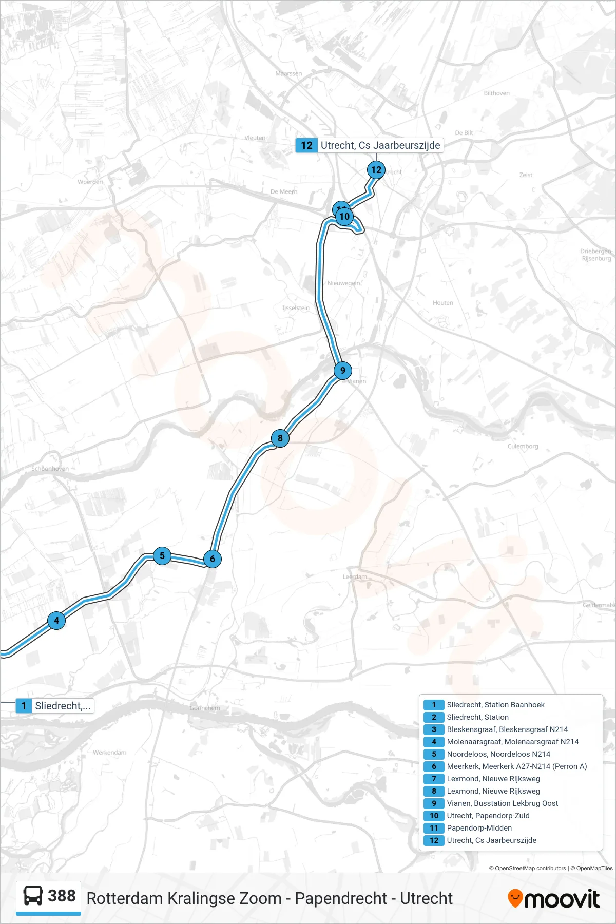 388 bus Line (Utrecht Cs) route and stops on a map