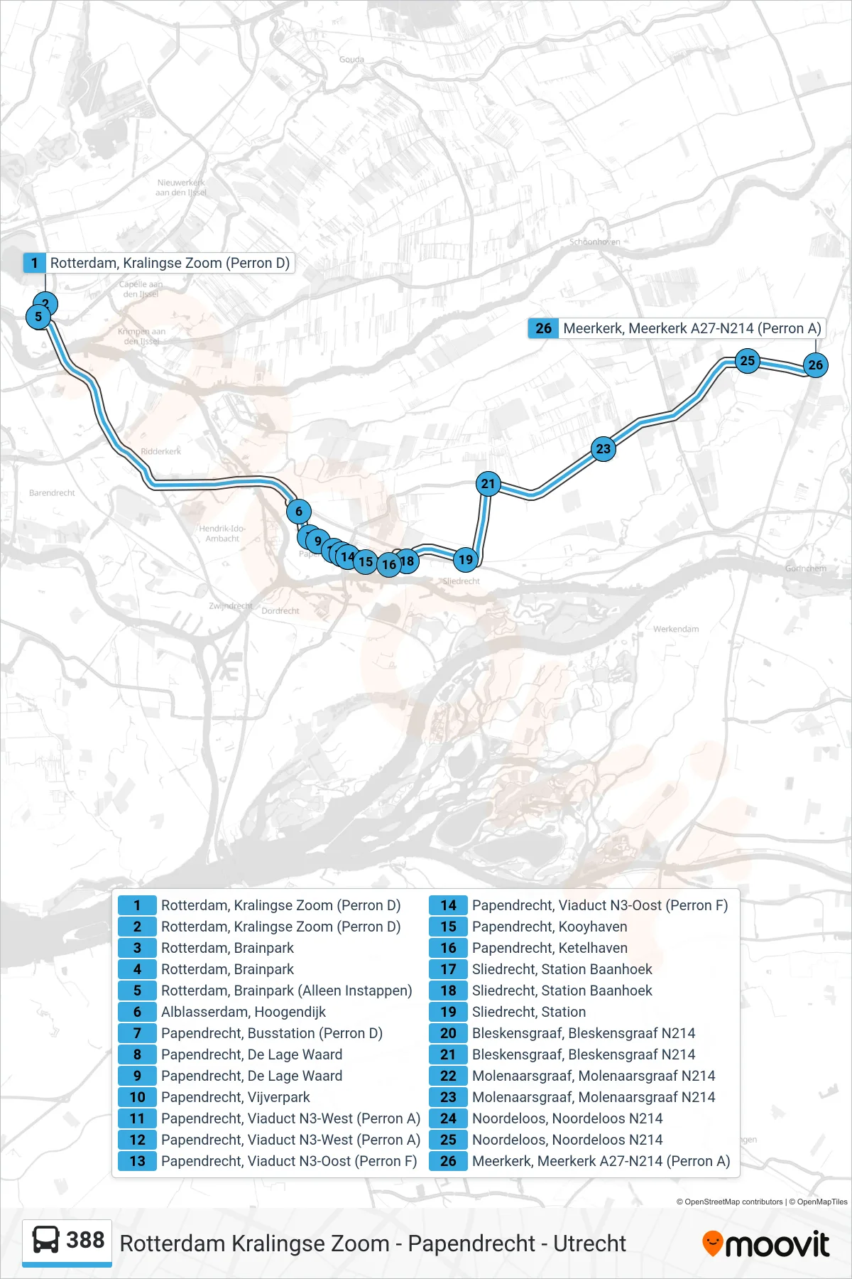 388 bus Line (Meerkerk A27) route and stops on a map