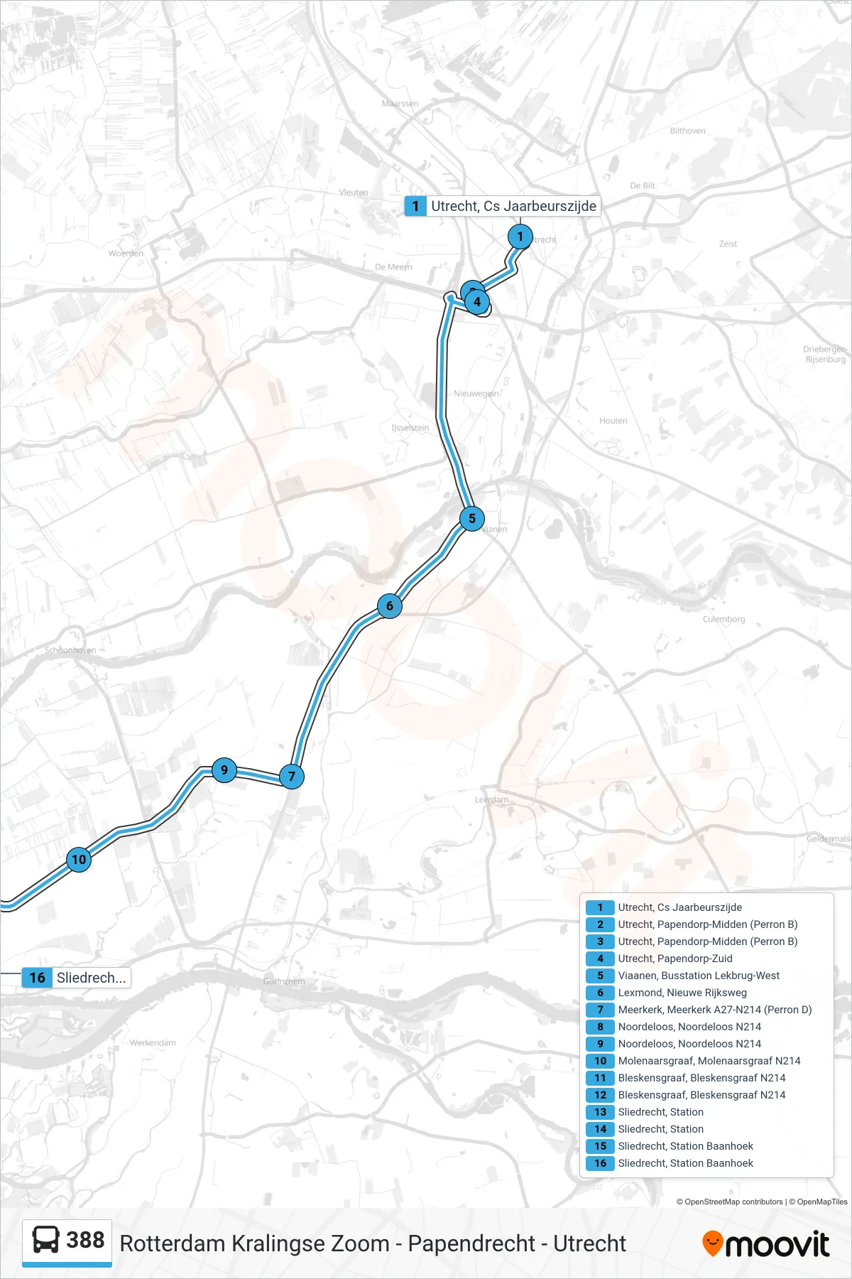 Lijn 388 (bus, Sliedrecht): route en haltes op de kaart