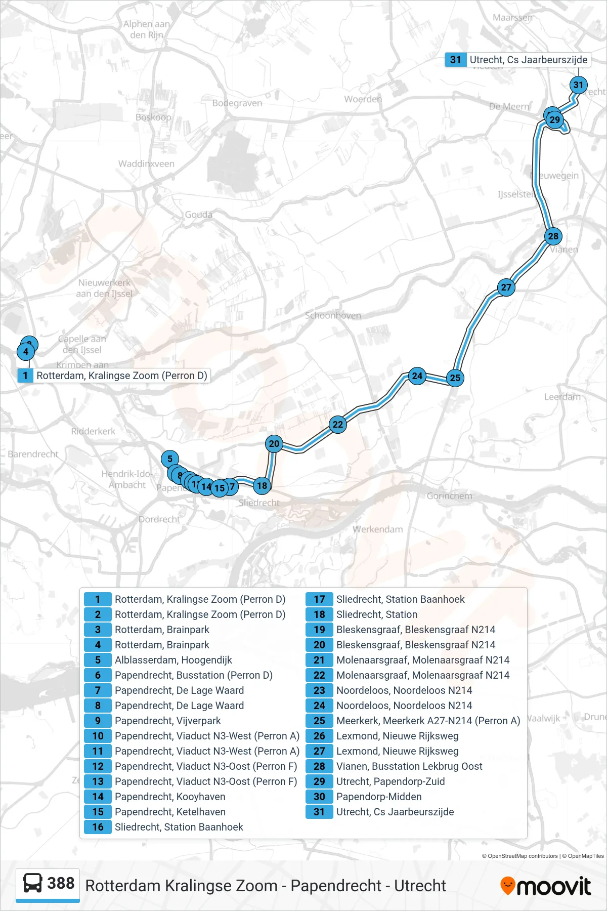 Lijn 388 (bus, Utrecht): route en haltes op de kaart