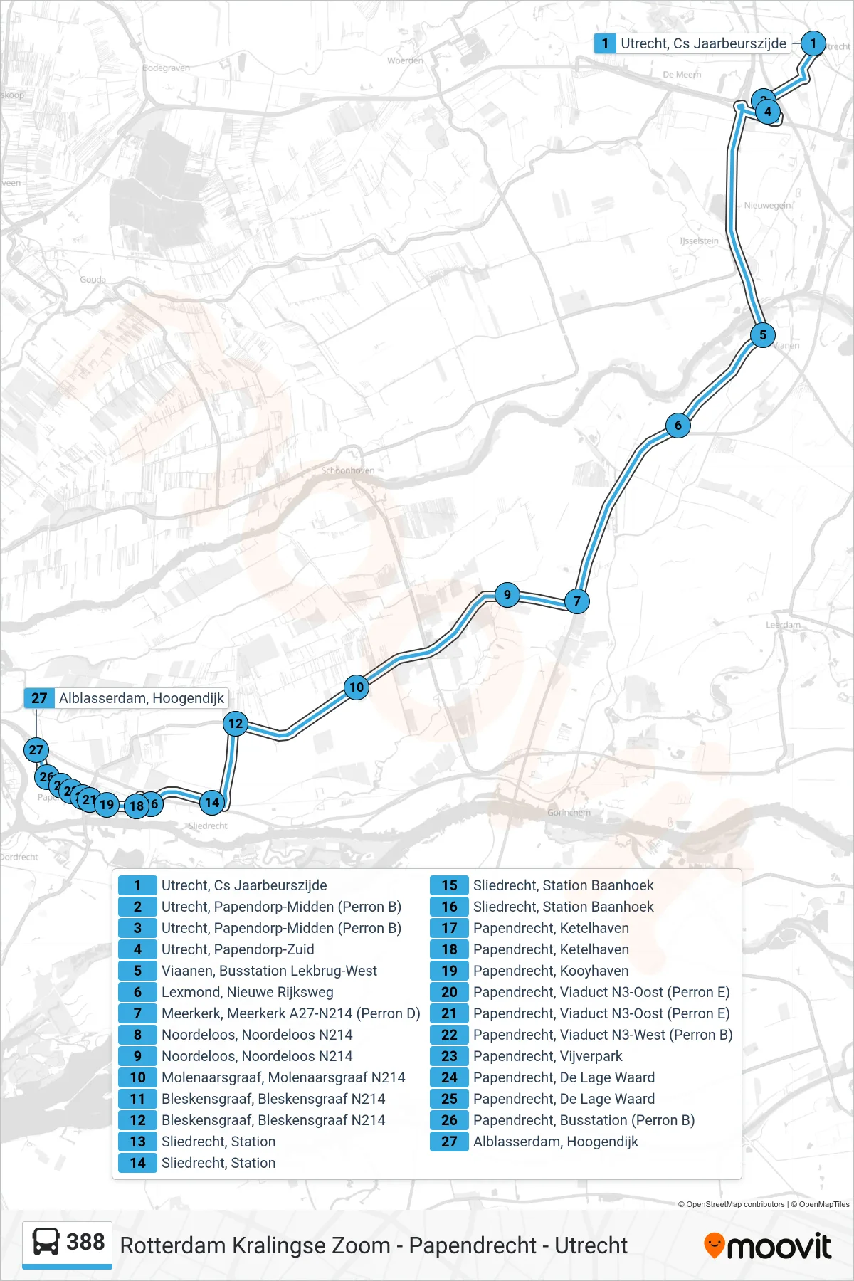 388 bus Line (Papendrecht) route and stops on a map