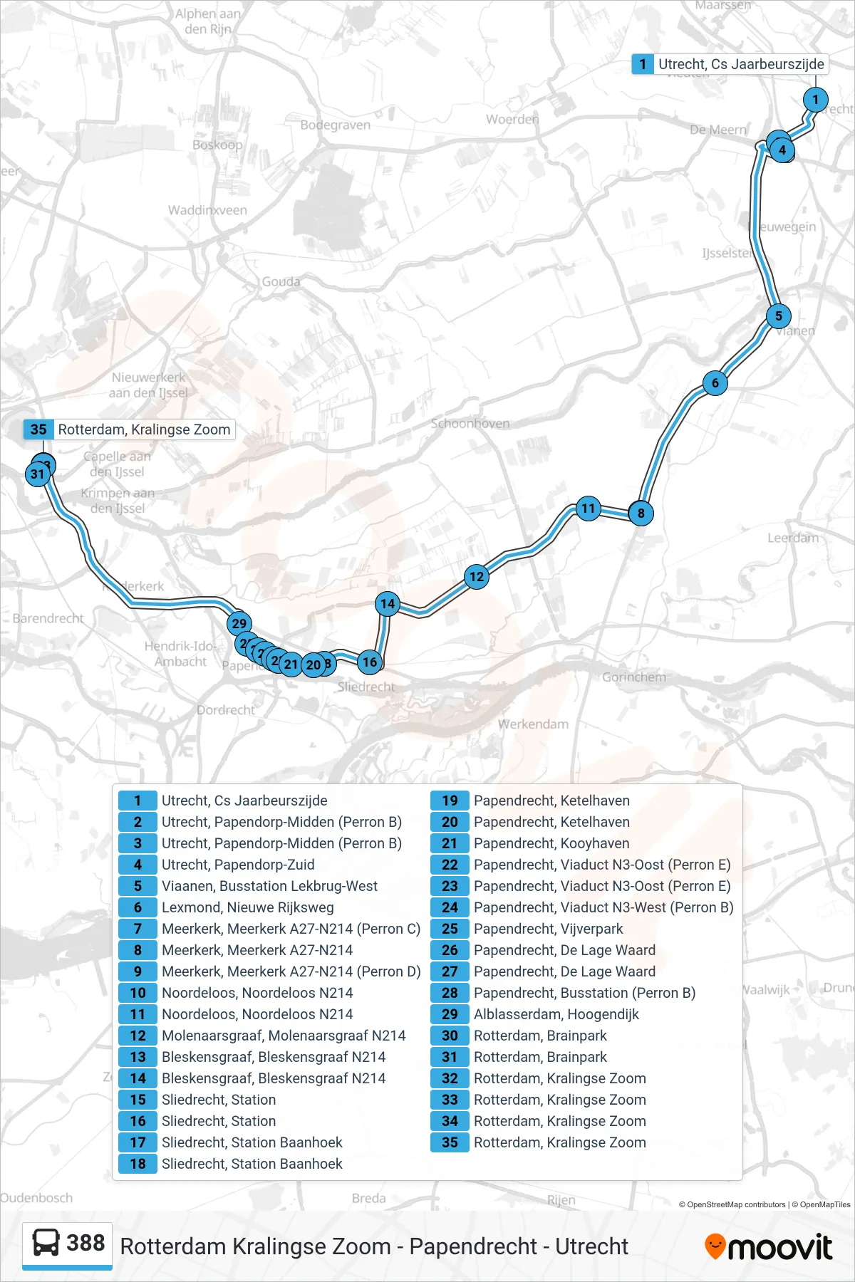 388 bus Line (Rotterdam) route and stops on a map