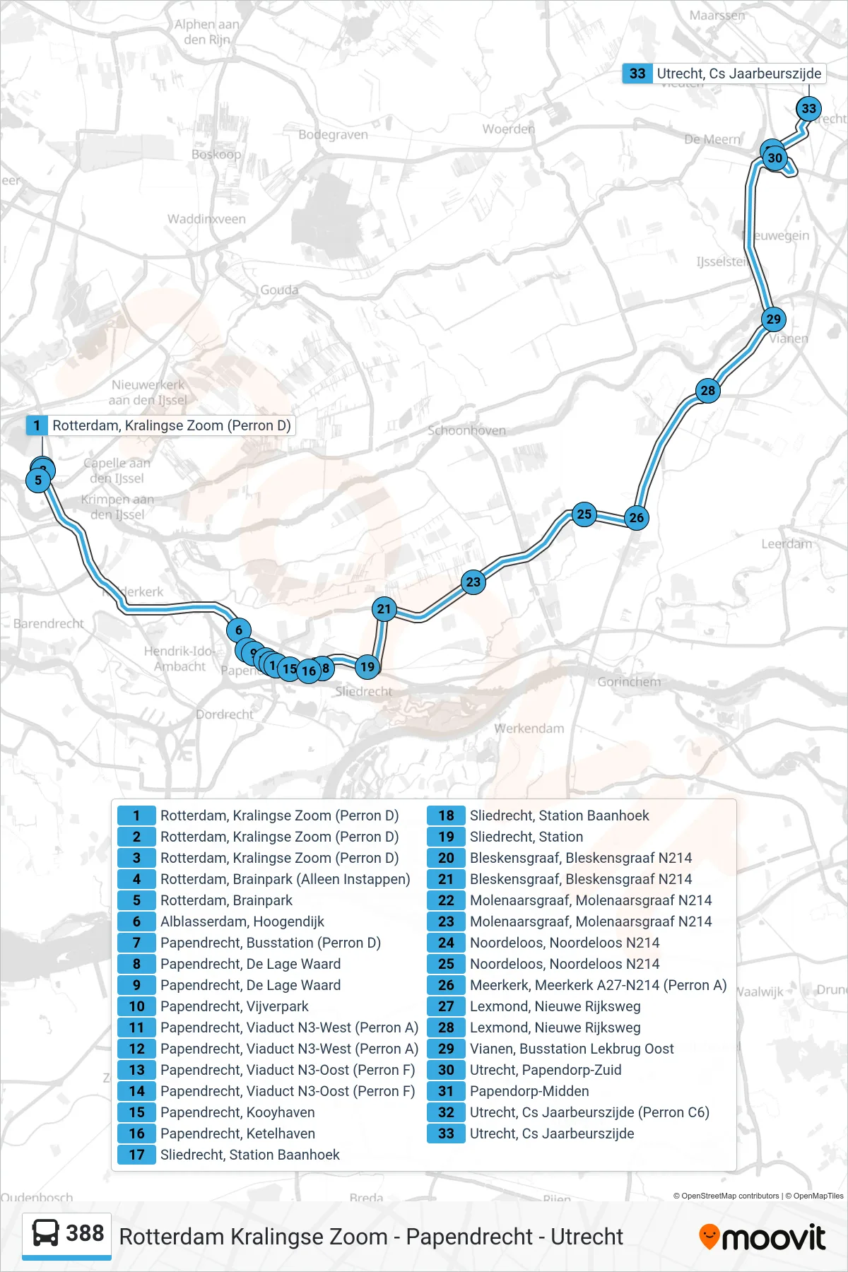 388 bus Line (Utrecht Via Sliedrecht) route and stops on a map
