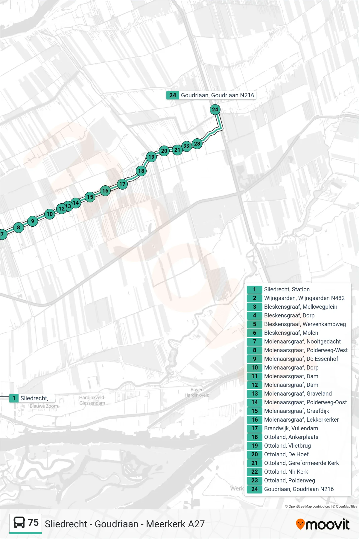 Lijn 75 (bus, Goudriaan): route en haltes op de kaart