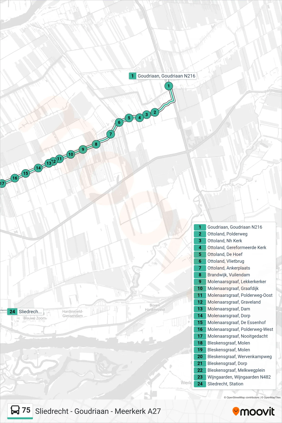 Lijn 75 (bus, Sliedrecht): route en haltes op de kaart