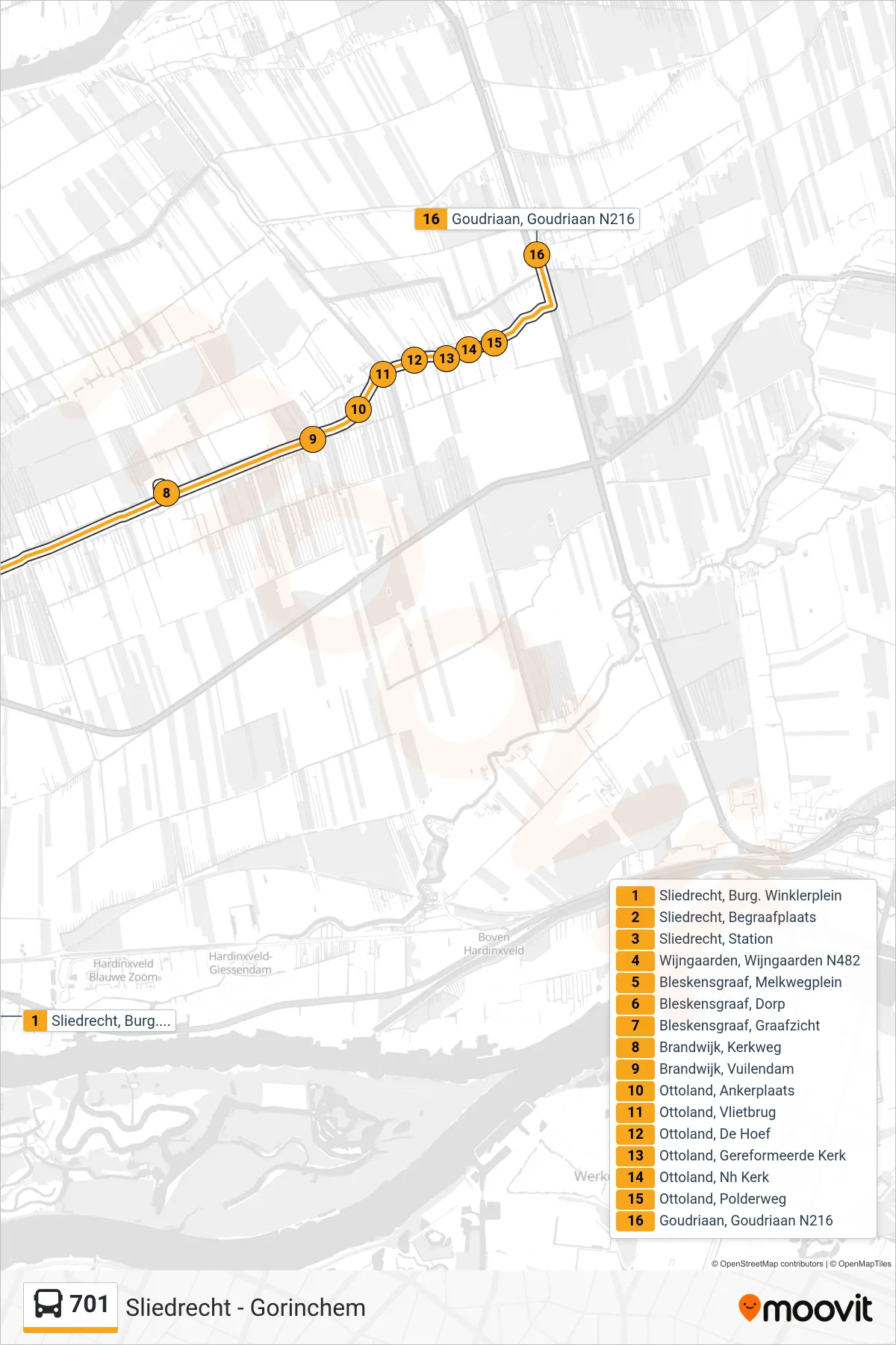 Lijn 701 (bus, Goudriaan): route en haltes op de kaart