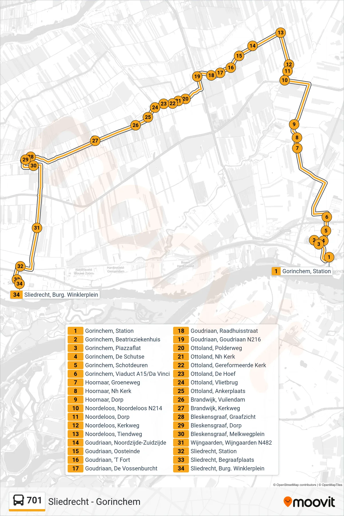 Lijn 701 (bus, Sliedrecht): route en haltes op de kaart