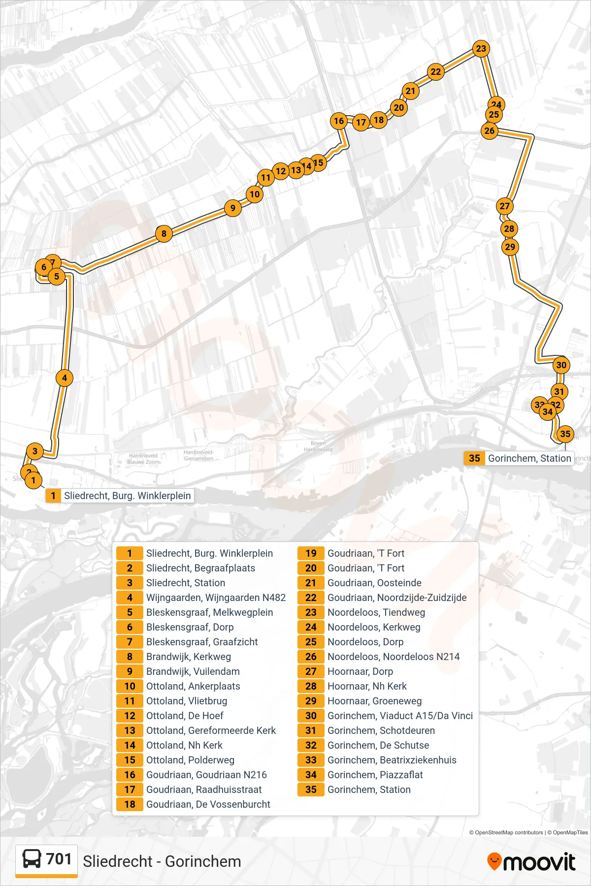701 bus Line (Gorinchem) route and stops on a map