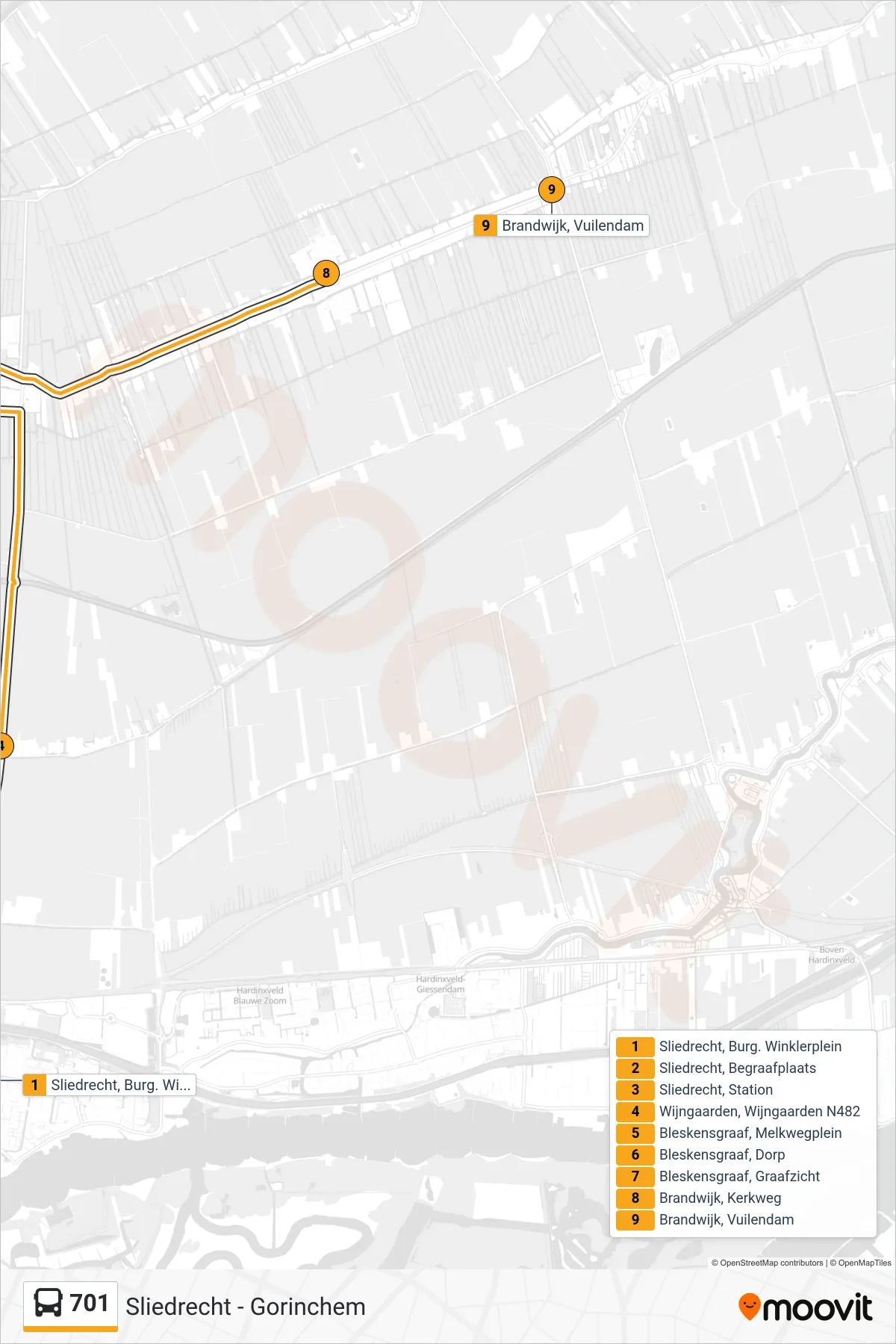 701 bus Line (Brandwijk) route and stops on a map