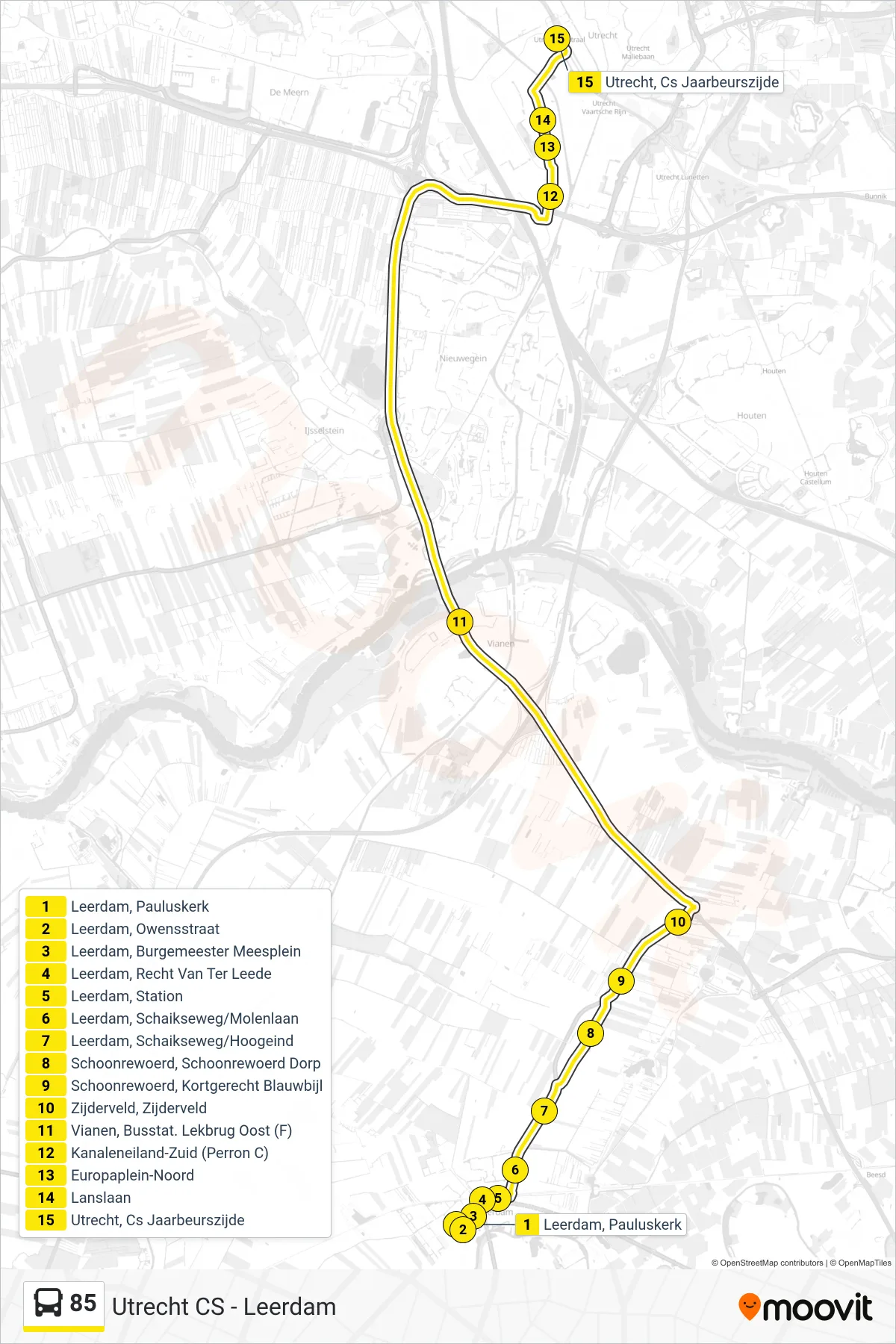 Lijn 85 (bus, Utrecht Cs): route en haltes op de kaart