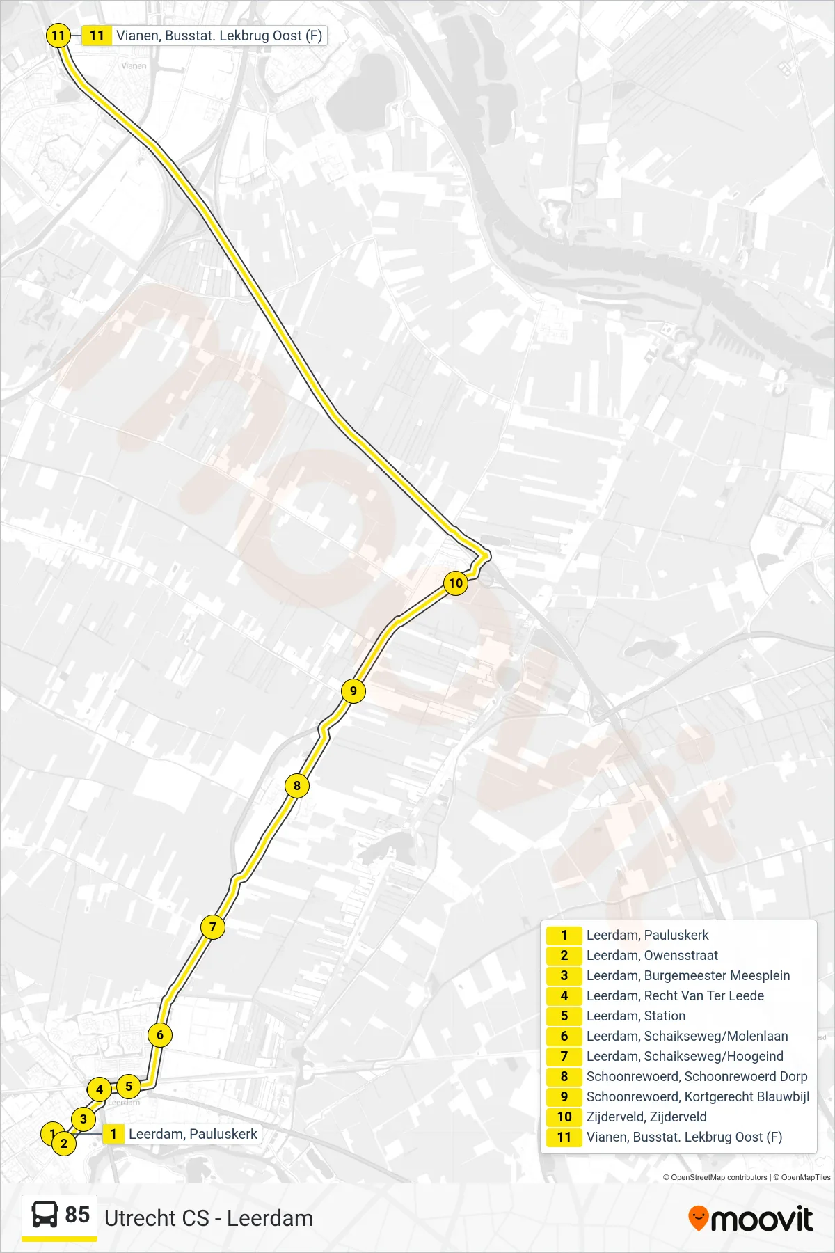 Lijn 85 (bus, Vianen Lekbrug): route en haltes op de kaart