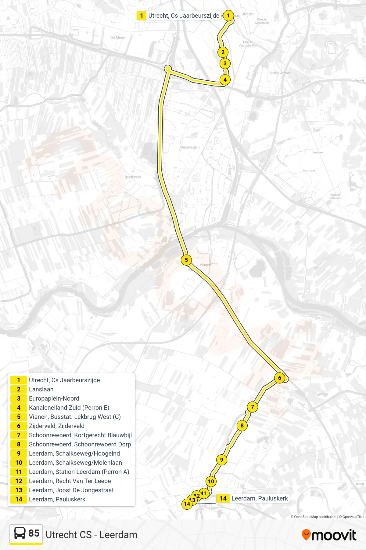 85 bus Line (Leerdam) route and stops on a map
