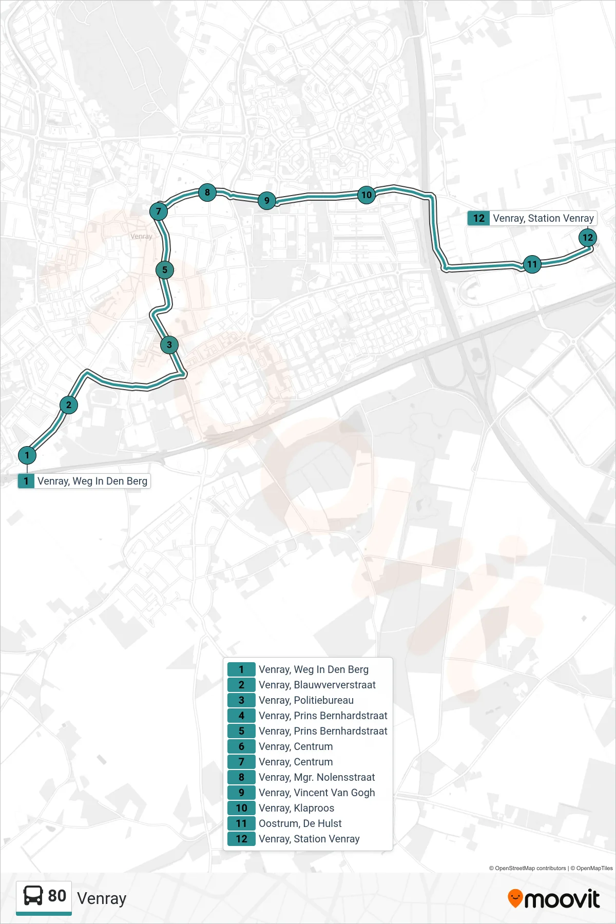 80 bus Line (Venray) route and stops on a map