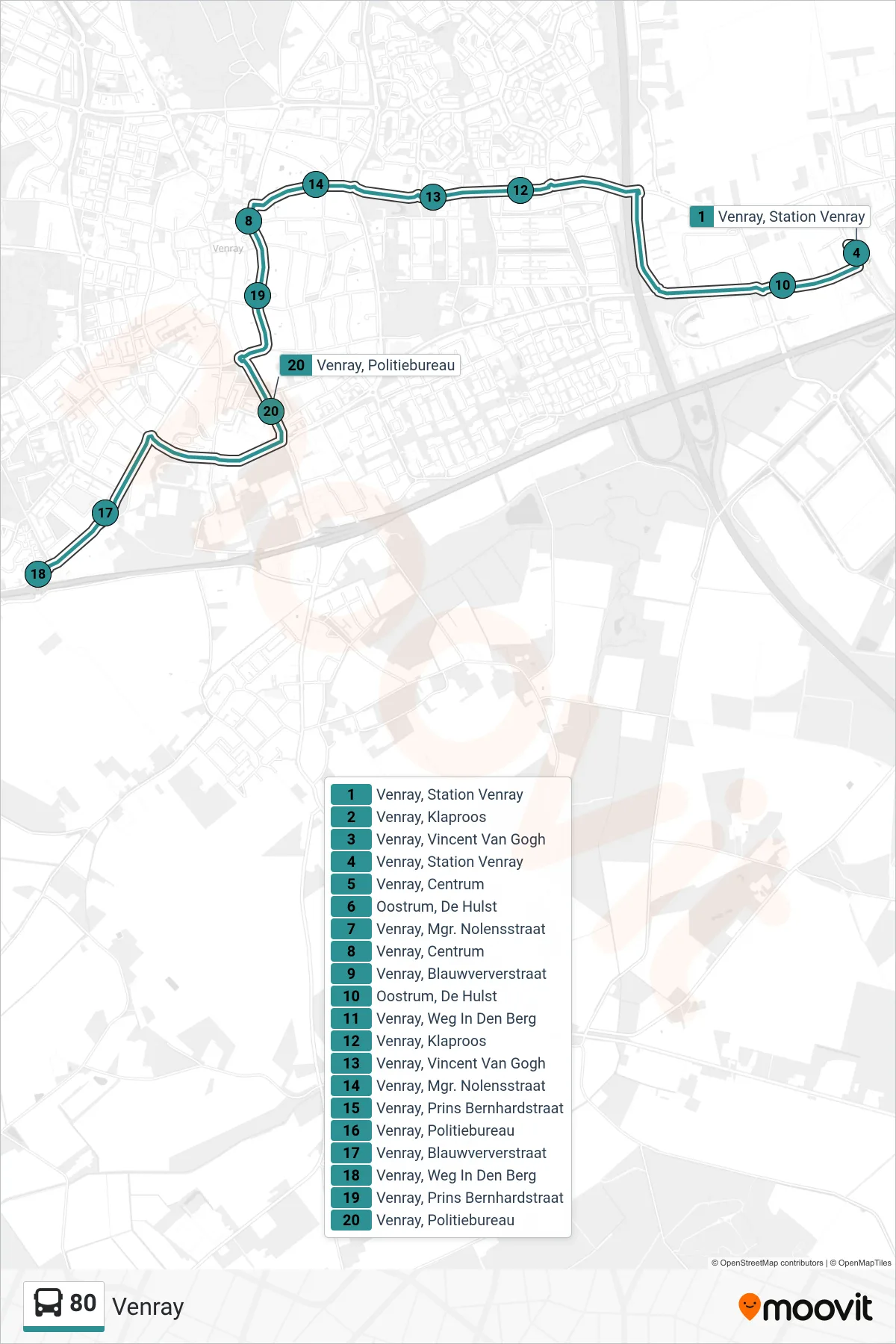 Lijn 80 (bus, Venray): route en haltes op de kaart