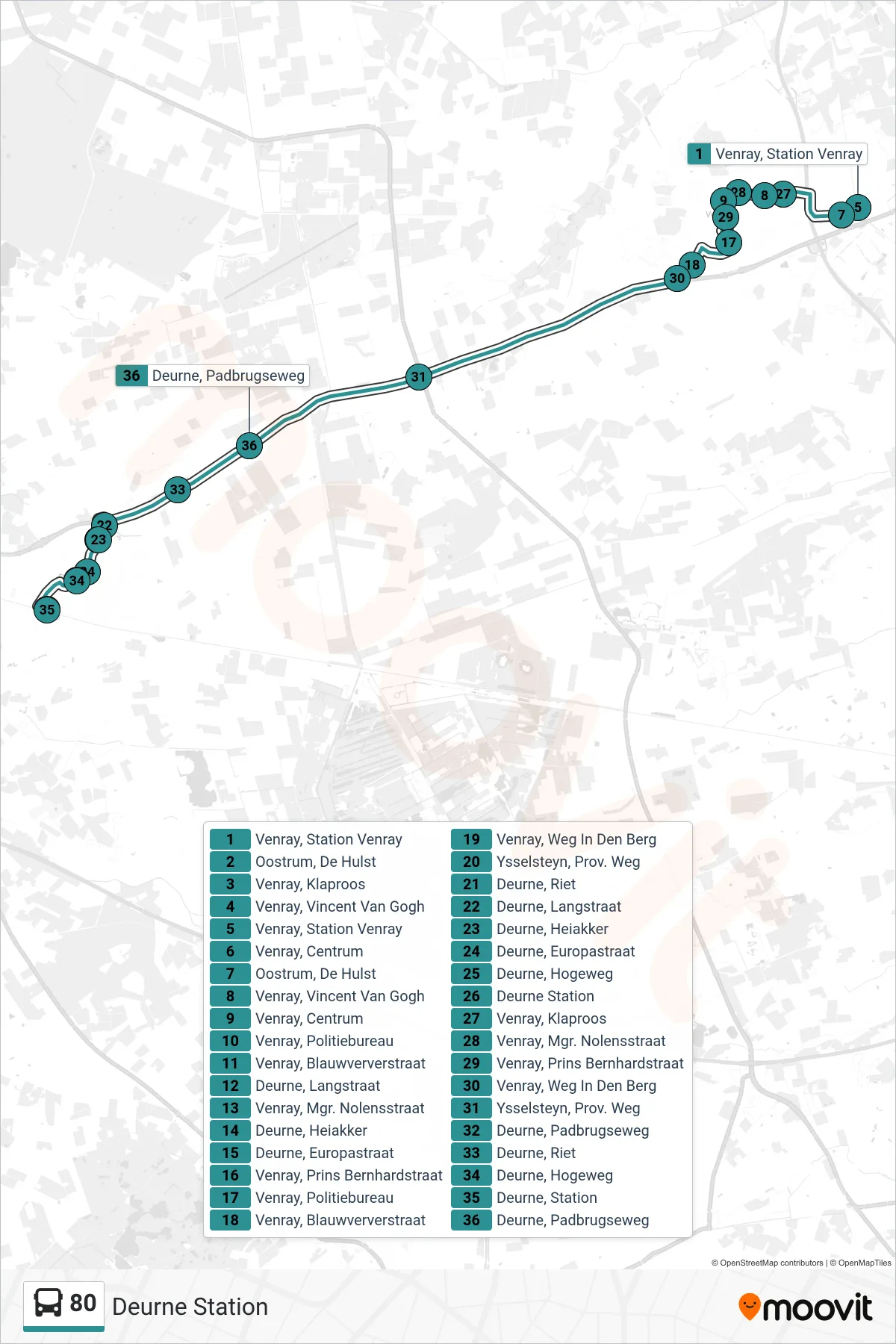 80 bus Line (Deurne Station) route and stops on a map