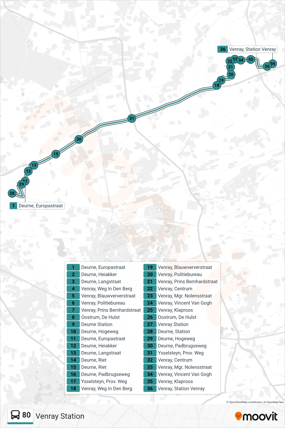 80 bus Line (Venray Station) route and stops on a map