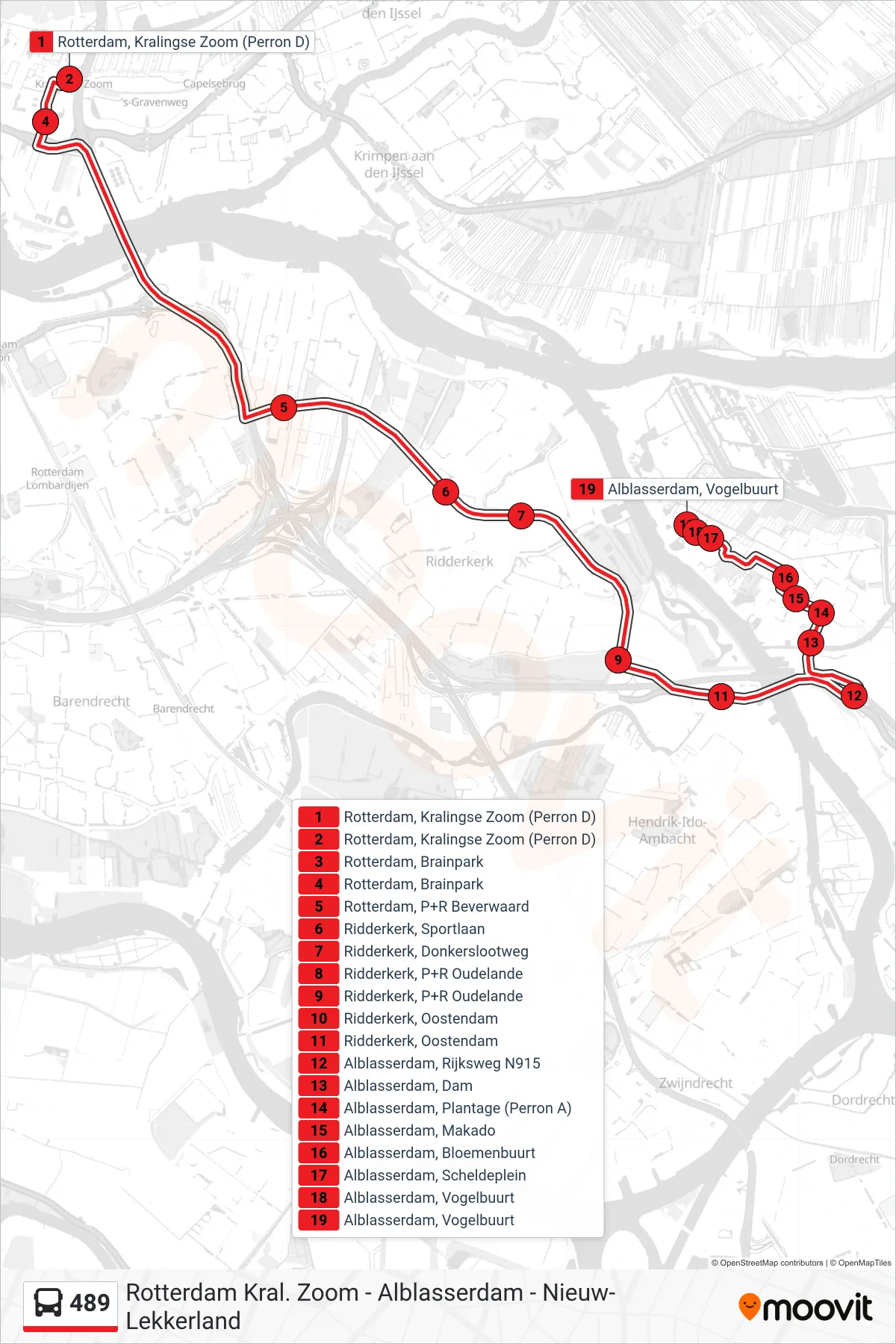 489 bus Line (Alblasserdam) route and stops on a map