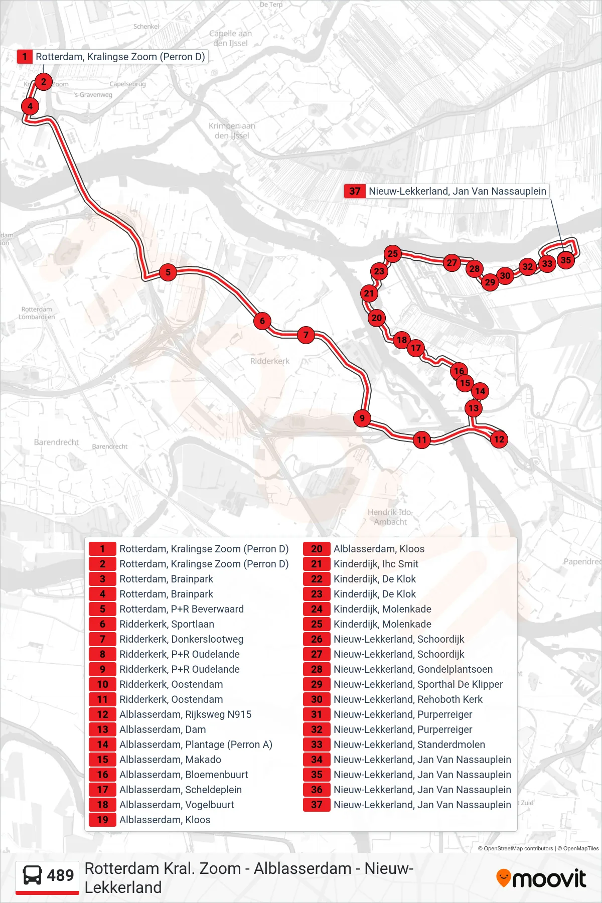 Lijn 489 (bus, Nieuw-Lekkerland): route en haltes op de kaart