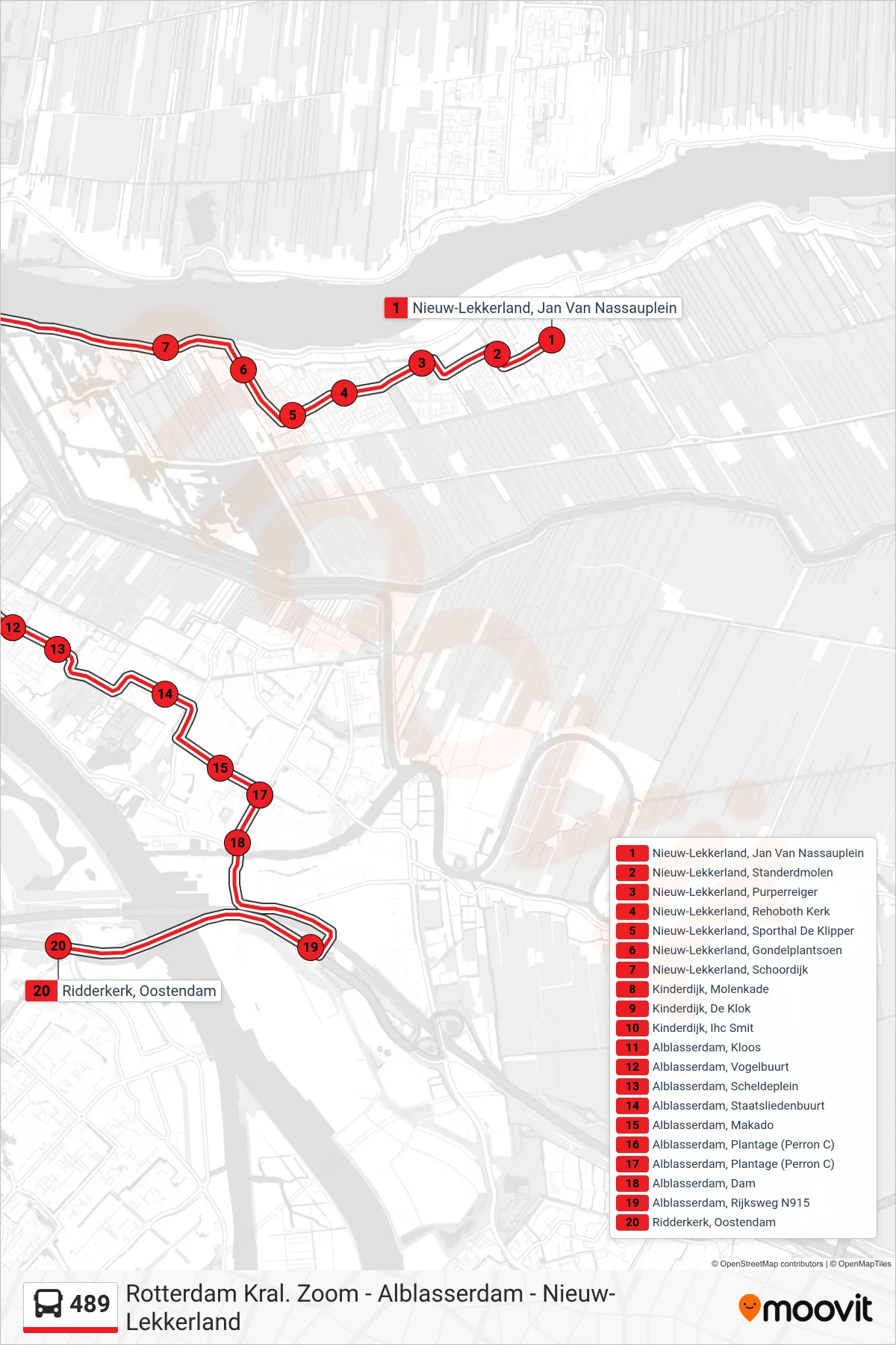 489 bus Line (Extra Bus Oostendam) route and stops on a map