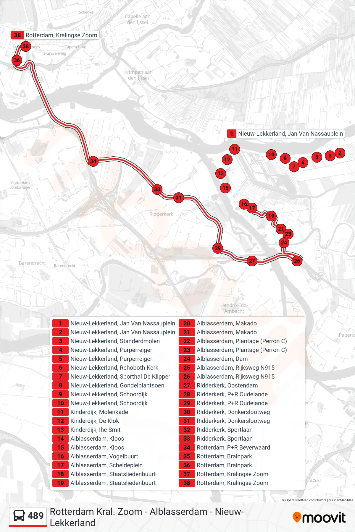 Lijn 489 (bus, Rotterdam): route en haltes op de kaart