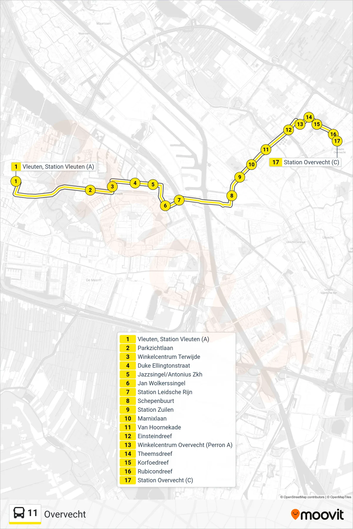 Lijn 11 (bus, Overvecht): route en haltes op de kaart