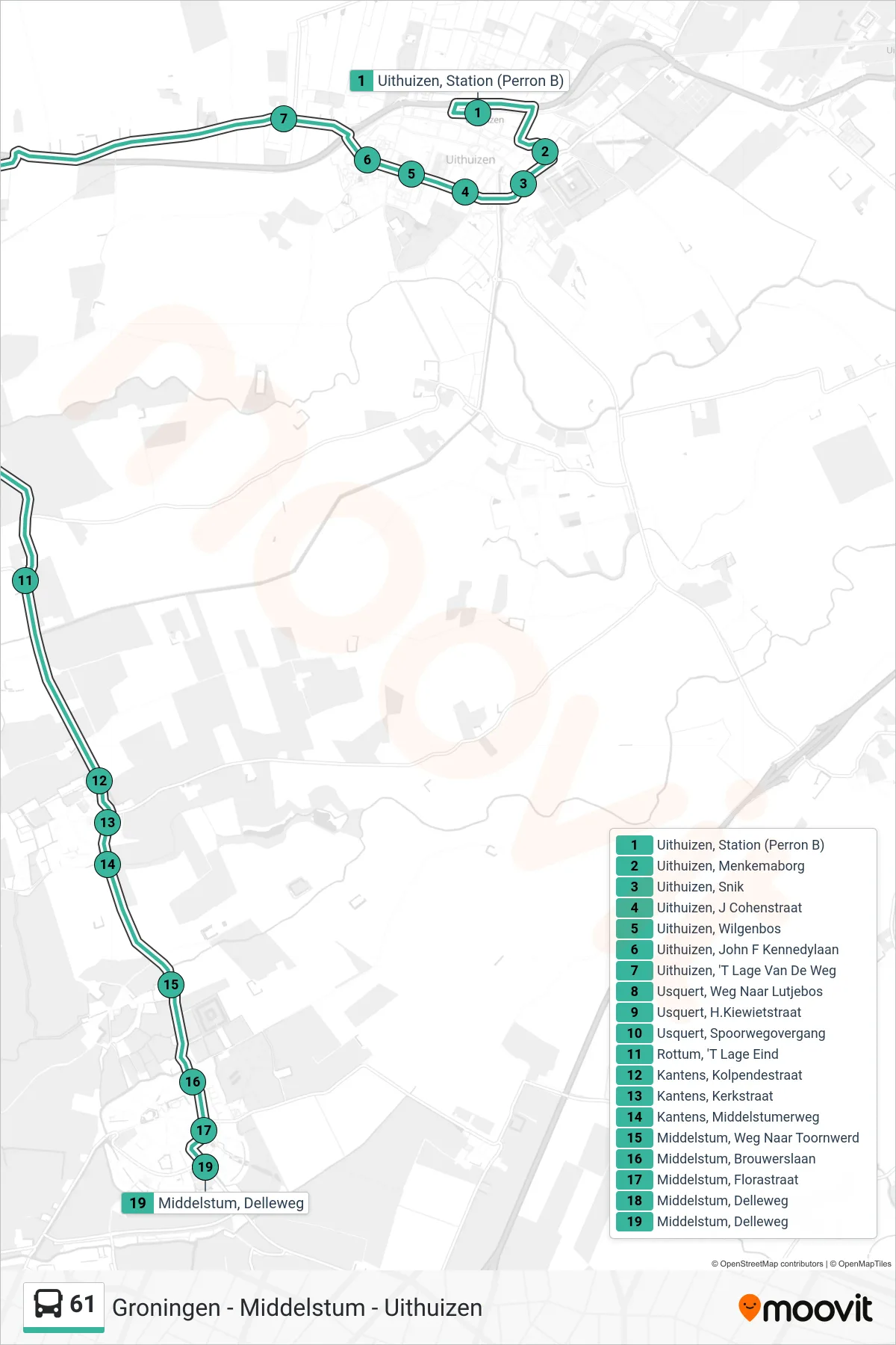 Lijn 61 (bus, Middelstum): route en haltes op de kaart