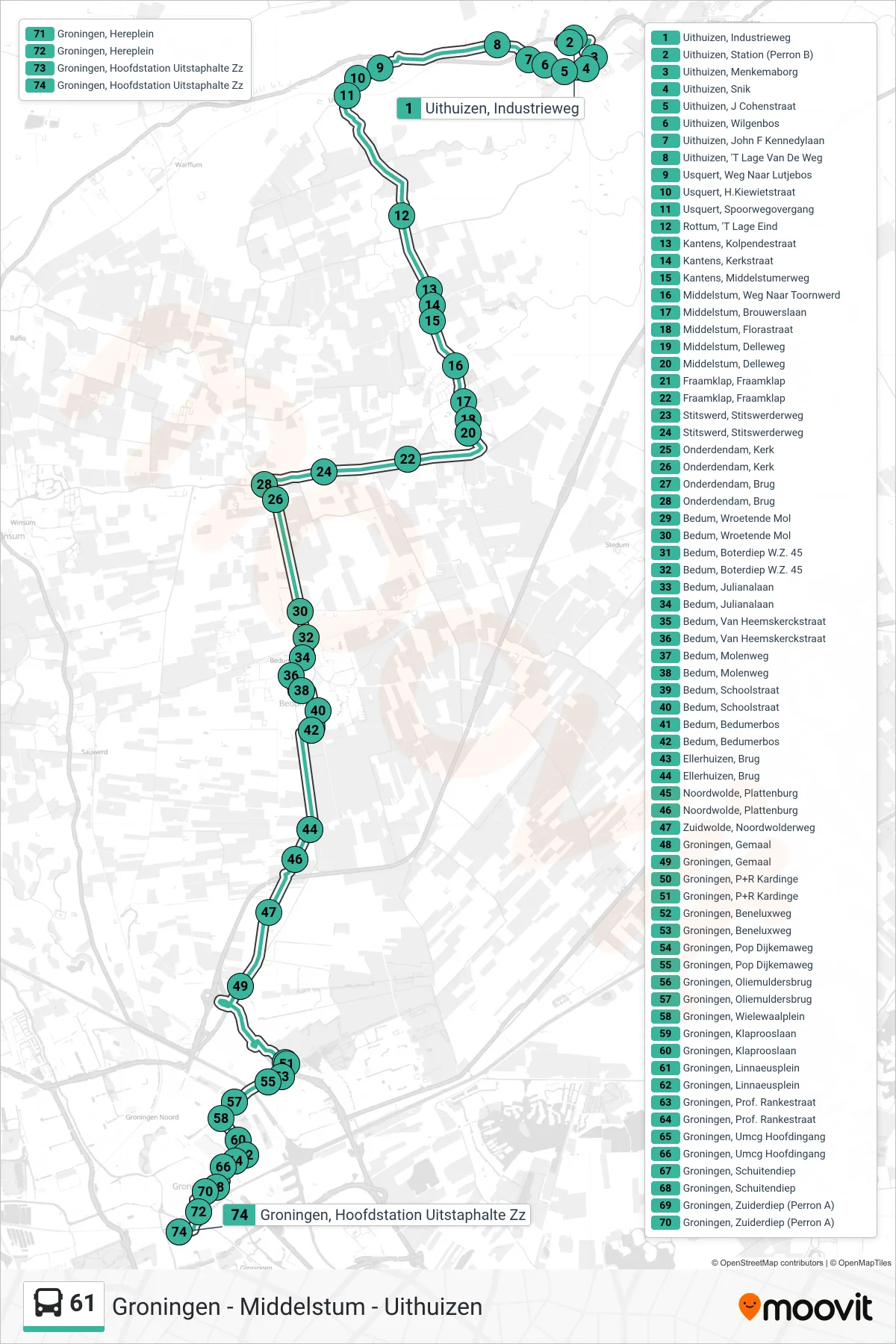 61 bus Line (Groningen) route and stops on a map