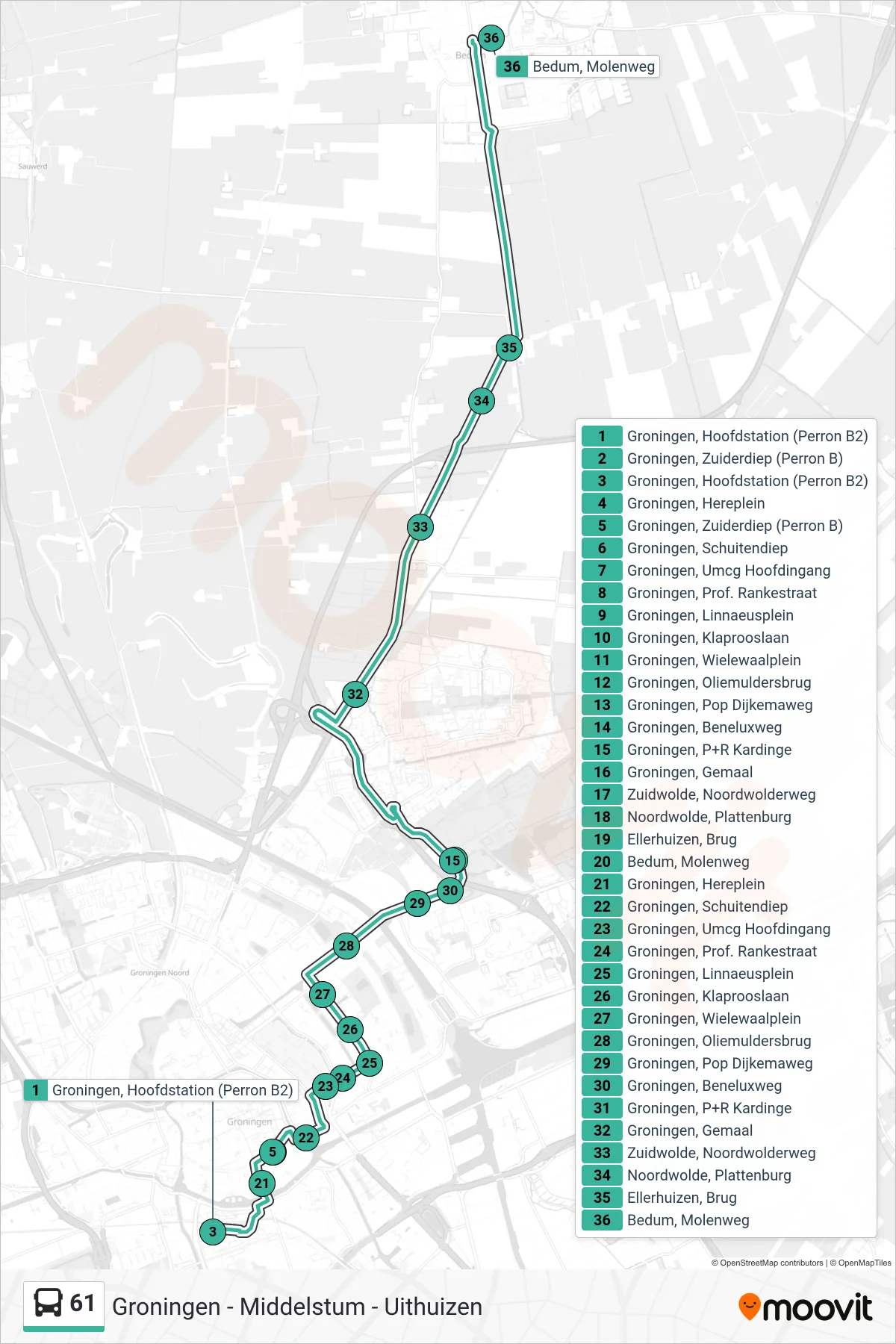 Lijn 61 (bus, Bedum): route en haltes op de kaart