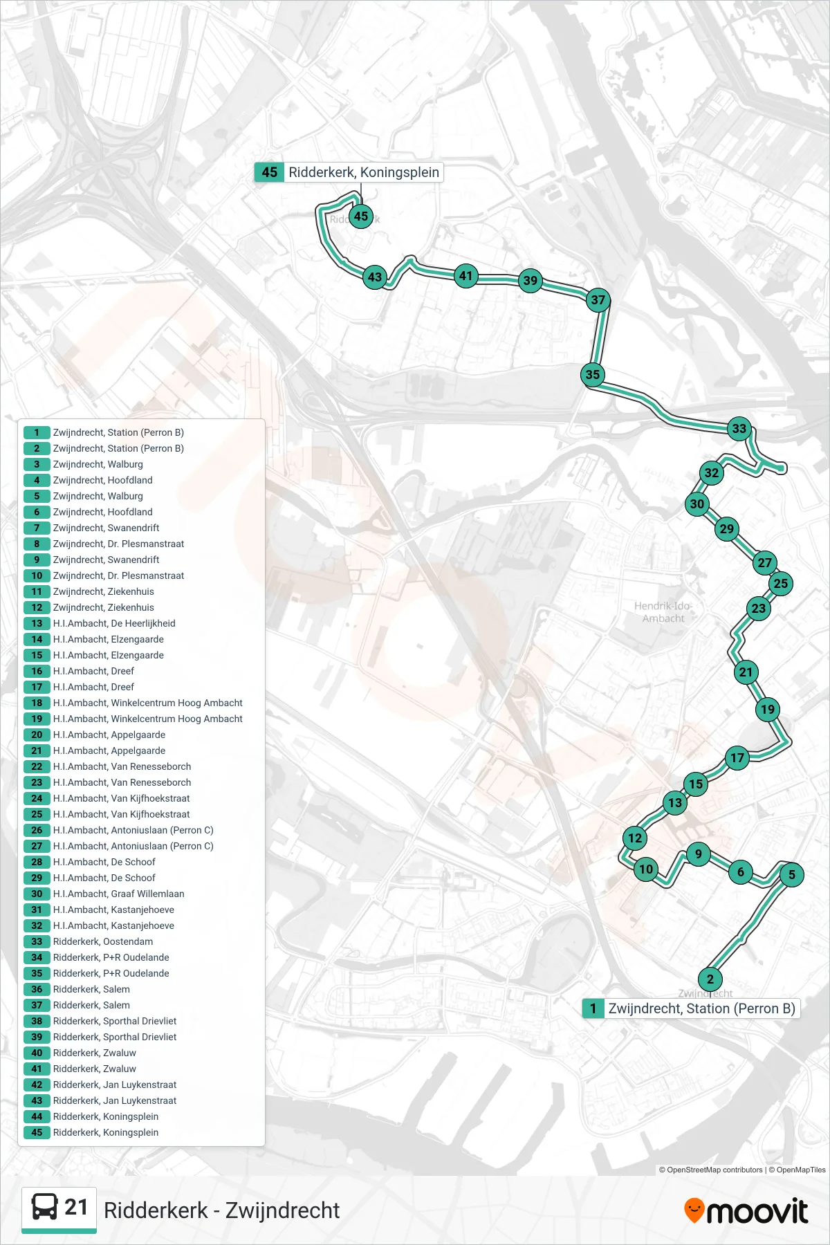 Linie 21 (Bus) Richtung Ridderkerk: Route und Haltestellen auf der Karte