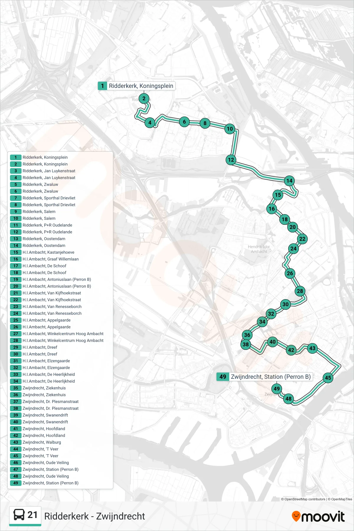 Lijn 21 (bus, Zwijndrecht): route en haltes op de kaart