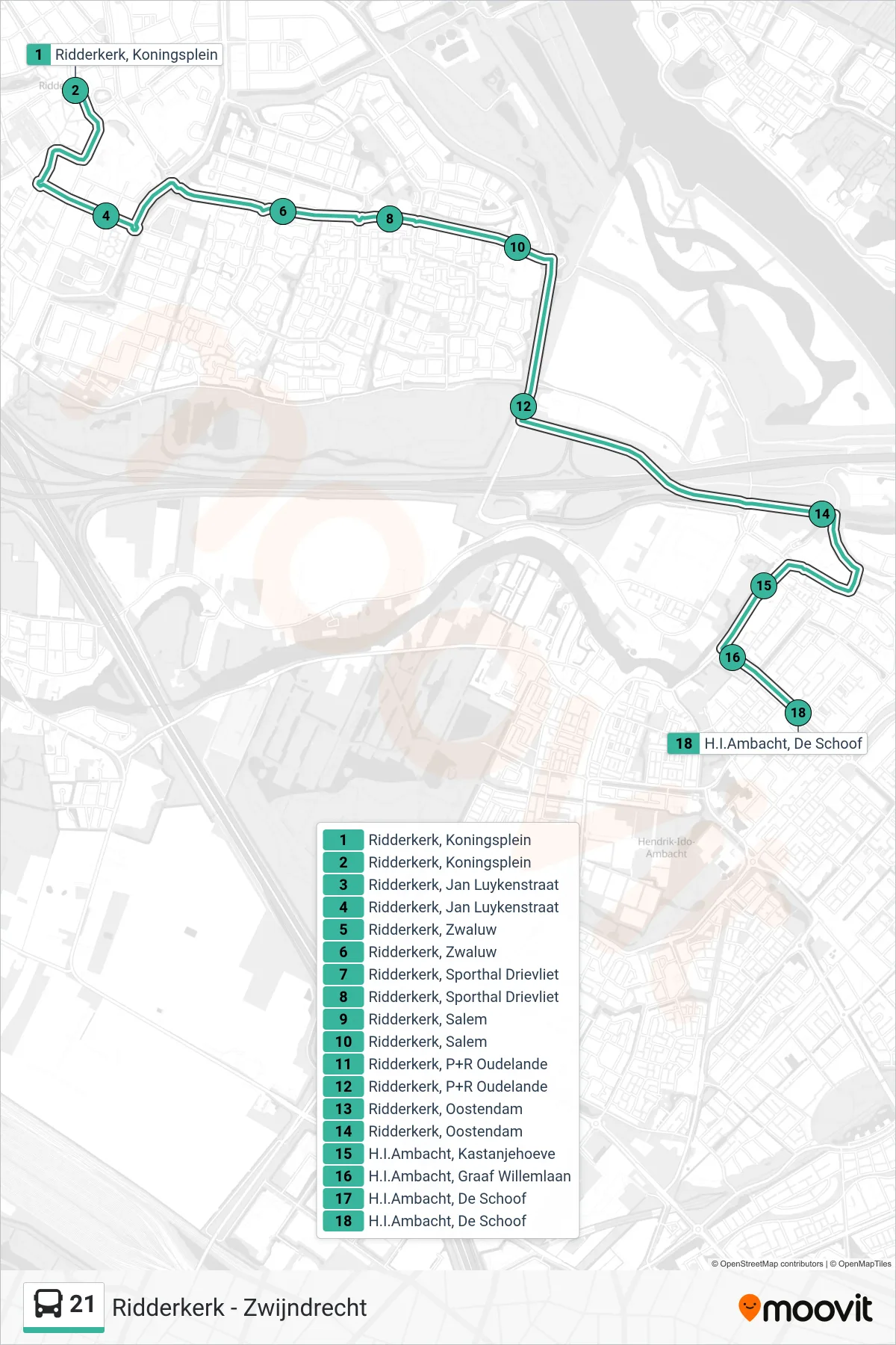 Lijn 21 (bus, Hendrik-Ido-Ambacht): route en haltes op de kaart