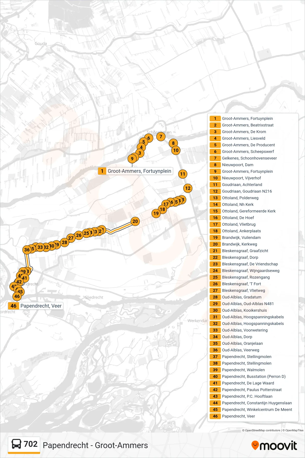 Lijn 702 (bus, Papendrecht): route en haltes op de kaart