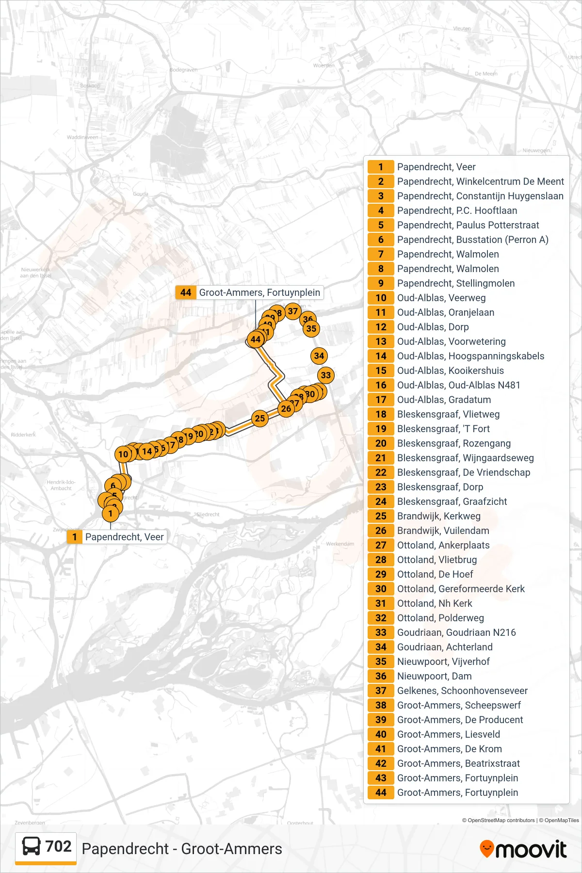 702 bus Line (Groot-Ammers) route and stops on a map