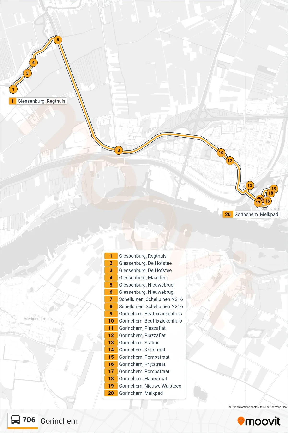 Lijn 706 (bus, Gorinchem): route en haltes op de kaart