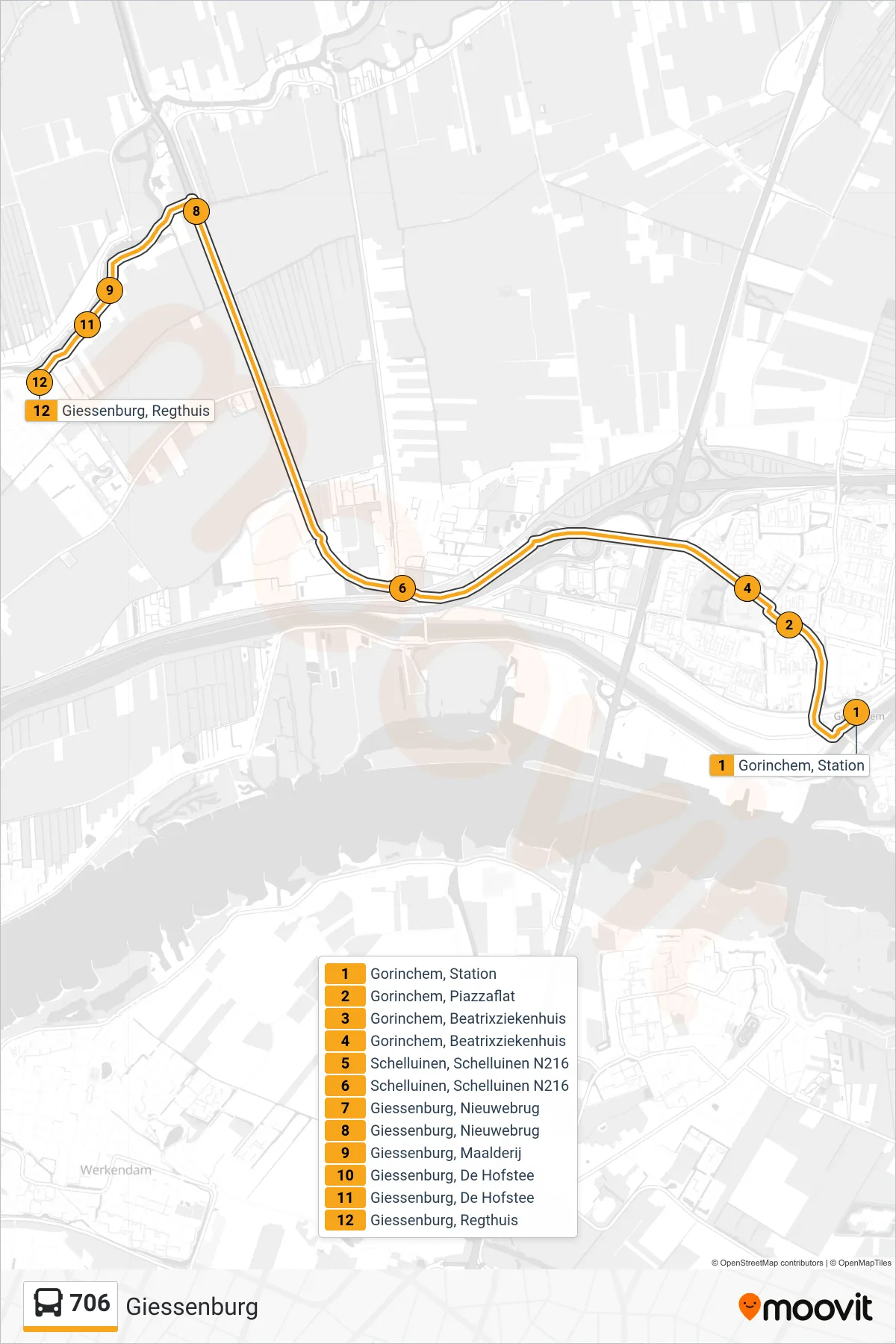 Lijn 706 (bus, Giessenburg): route en haltes op de kaart